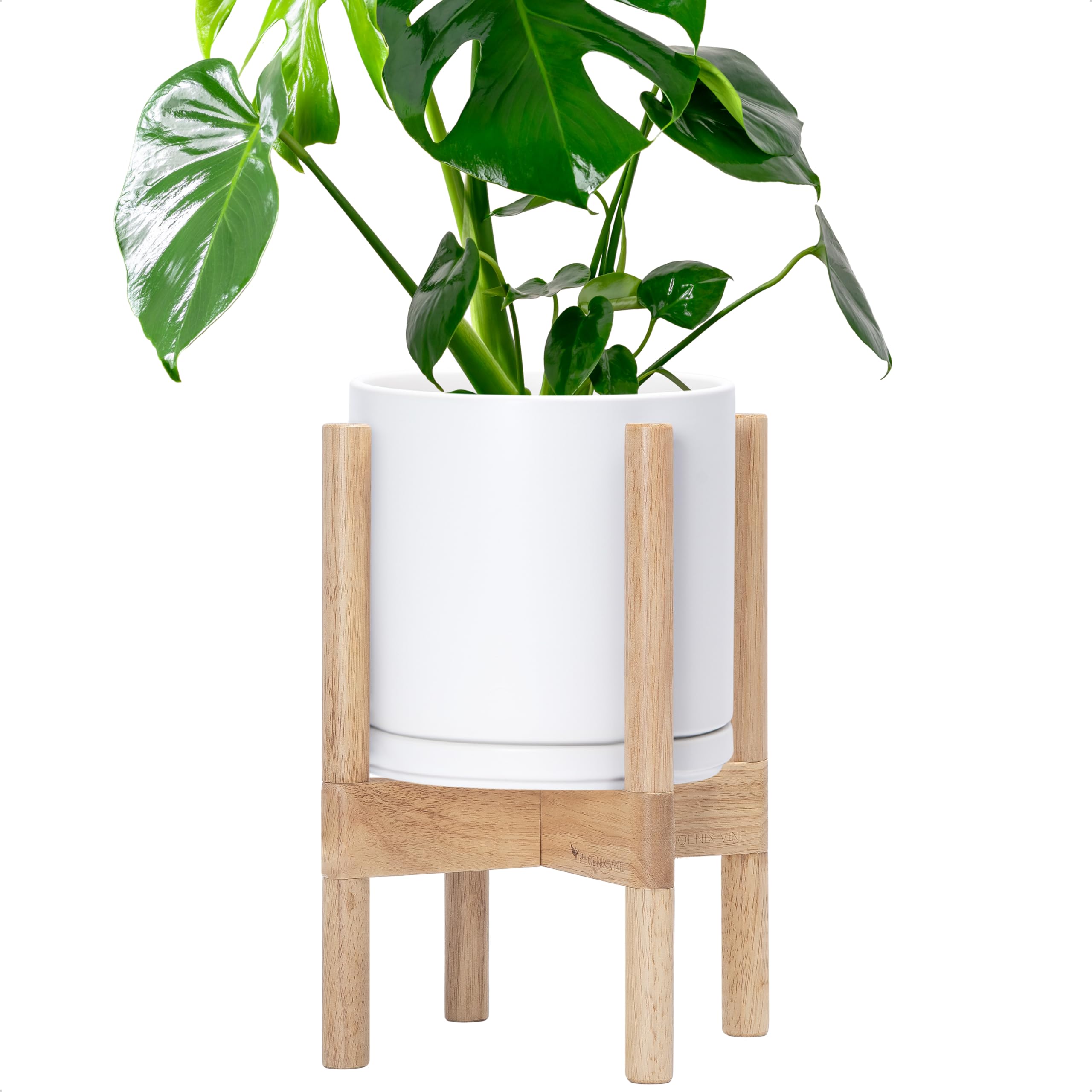 D'vine Dev Ceramic Planter with Natural Stand - 8 Inch Modern Round Flower Pot with Wood Planter Holder, White, 55-B-N-1