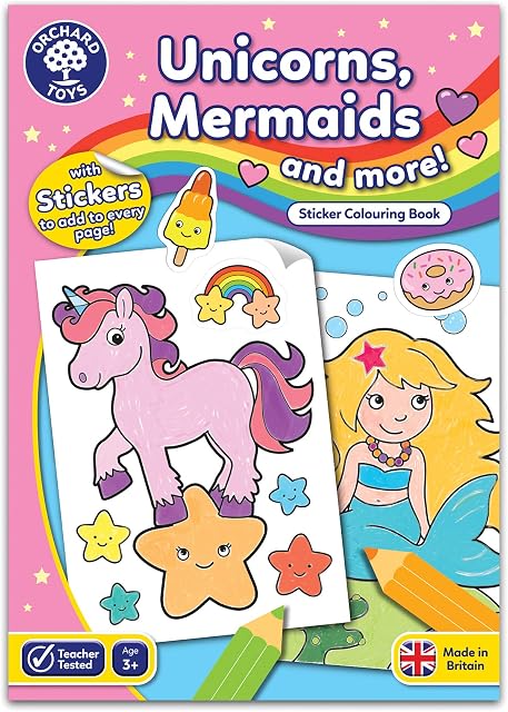 Orchard Toys Unicorns, Mermaids and More Colouring Book, Educational Colouring Book, Includes Stickers, For Kids Age 3 years +