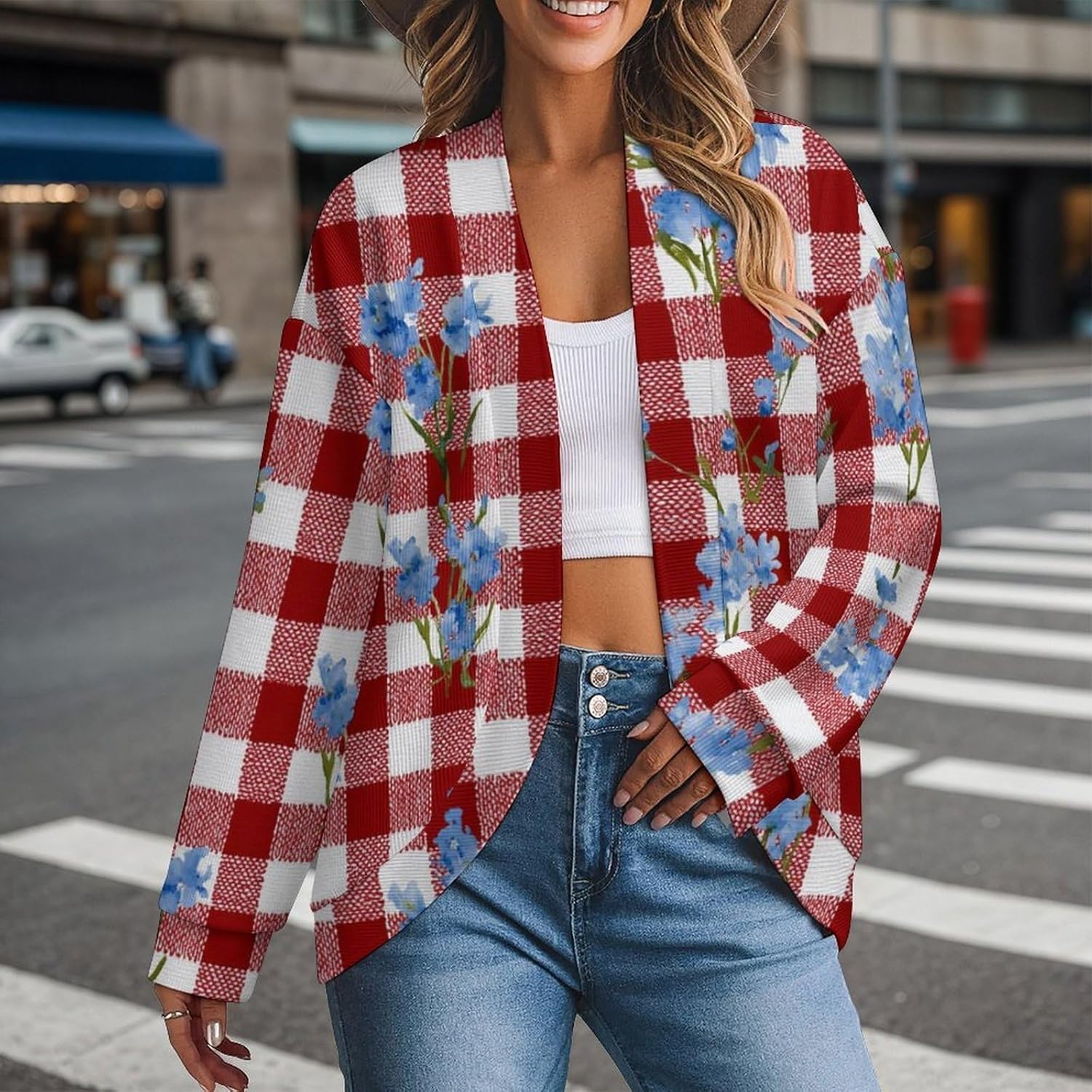 Casual V-Neck Long Sleeve Sweater Cardigan for Women Fall Loose Trendy Floral Print Full Front Open Knit Jacket