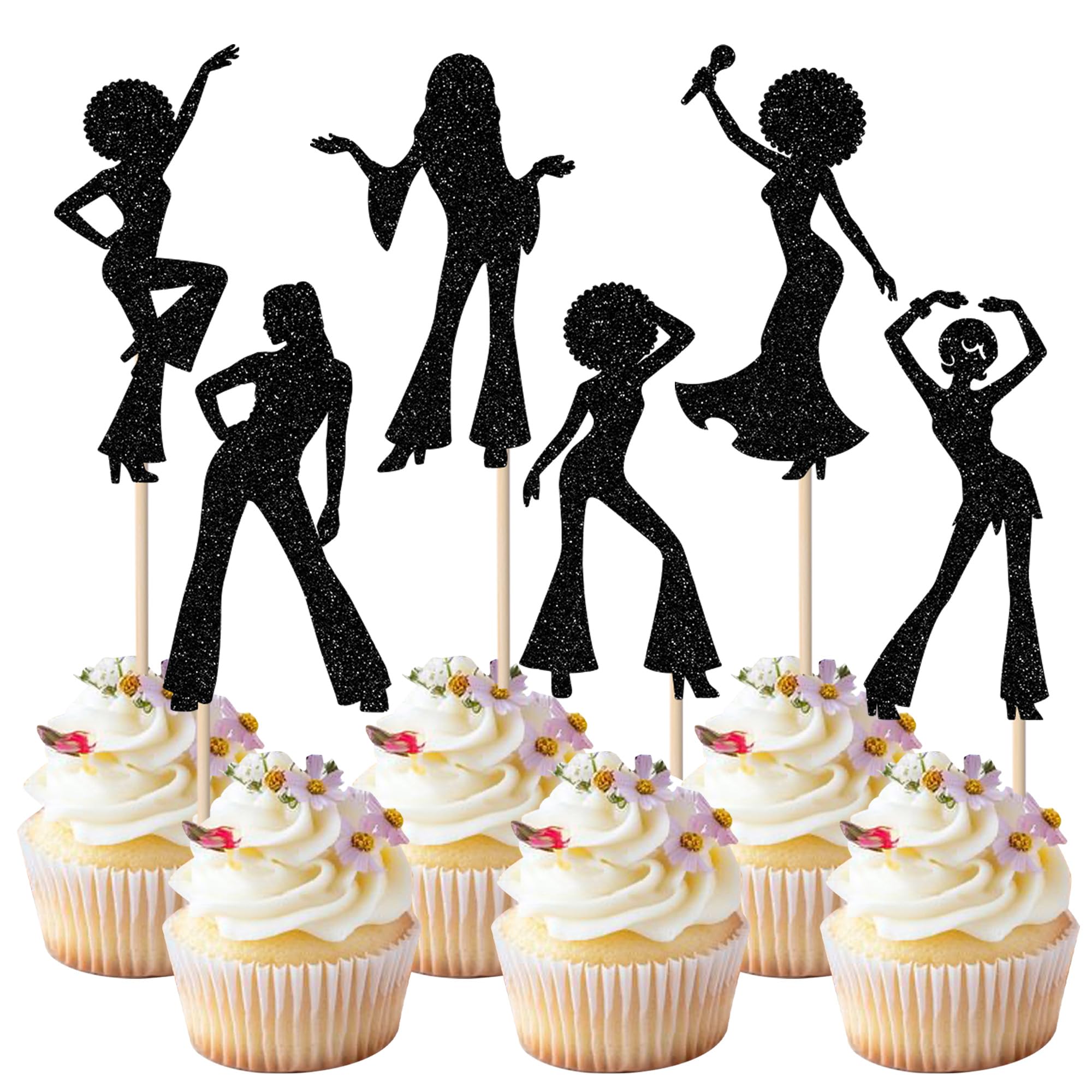 SYKYCTCY 24 Pack 70's Disco Cupcake Toppers Glitter 70s Disco Dancing Cupcake Picks for Music Wedding Birthday 70's Disco Cake Decorations Party Supplies Black โ image 1
