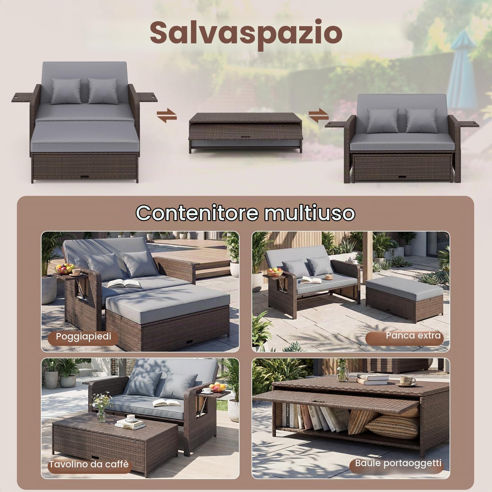 GIANTEX Divano da Giardino in Rattan con Poggiapiedi, Doppio Divano da Esterno con Schienale Regolabile, Mobili da Giardino per Terrazza, Balcone, Cortile