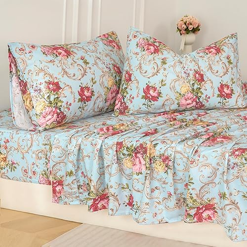 Zusbest Juego de sábanas de tamaño Queen, sábans de cama azul y rojo floral 100% algodón, ropa de cama de lujo premium transpirable para durmientes