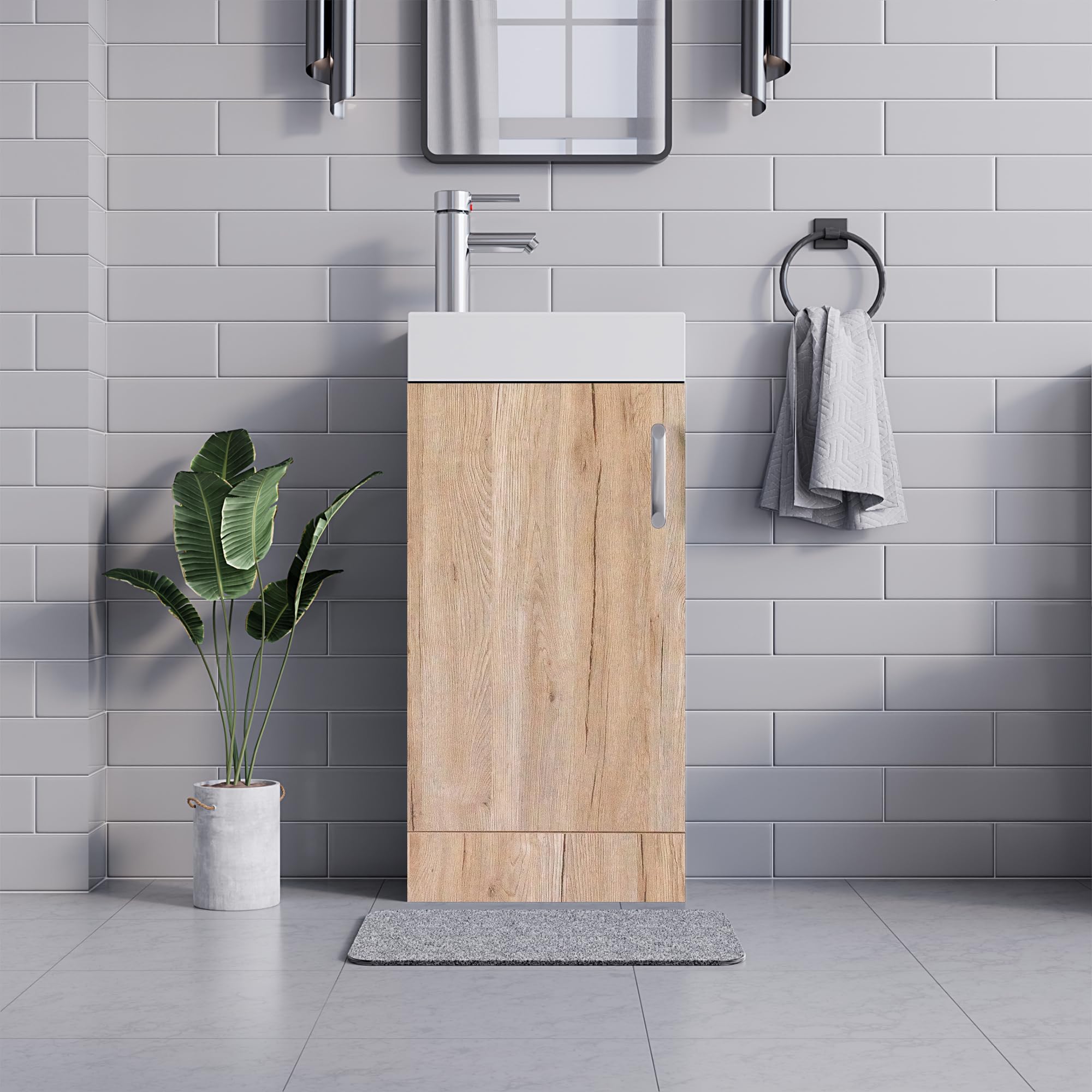 BELOFAY Vanity Unit With Basin | 400mm Bathroom Vanity Units With Basin | Floor Standing Slim Design | Waterproof | 1 Tap Hole Ceramic Bathroom Sink | Including Waste (Denvor Wood Grains) โ image 1
