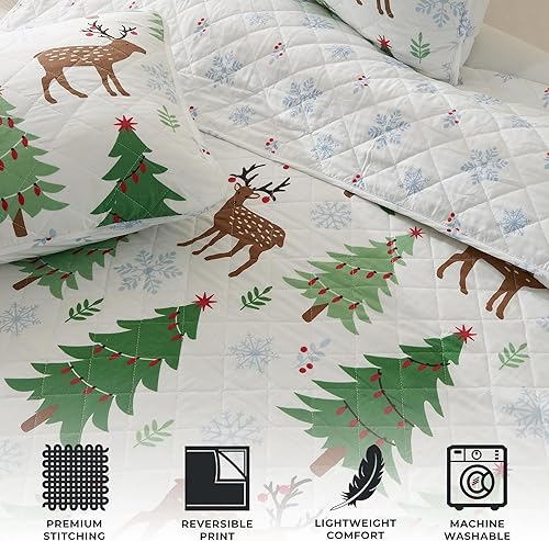 Miniatura 4 de Great Bay Home - Juego de edredón navideño de 3 piezas con fundas Colcha reversible con patrón navideño. colección Holly, matrimonialqueen