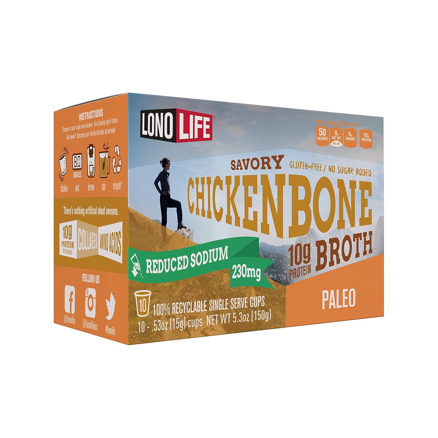 LonoLife Reduced Sodium Chicken Bone Broth Powder with 10g Protein, Paleo and Keto Friendly, Gluten-free, Single Serve Cups, 10 Servings (Equal to 80 ounces of liquid broth) 10 Count