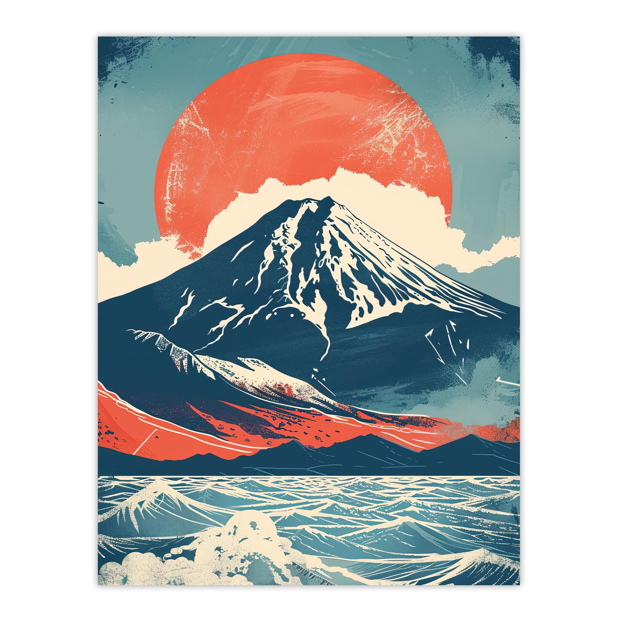 Artery8 Wall Art Print - Japanese Style - Mount Fuji Sun - Blue - W12" x H16"
