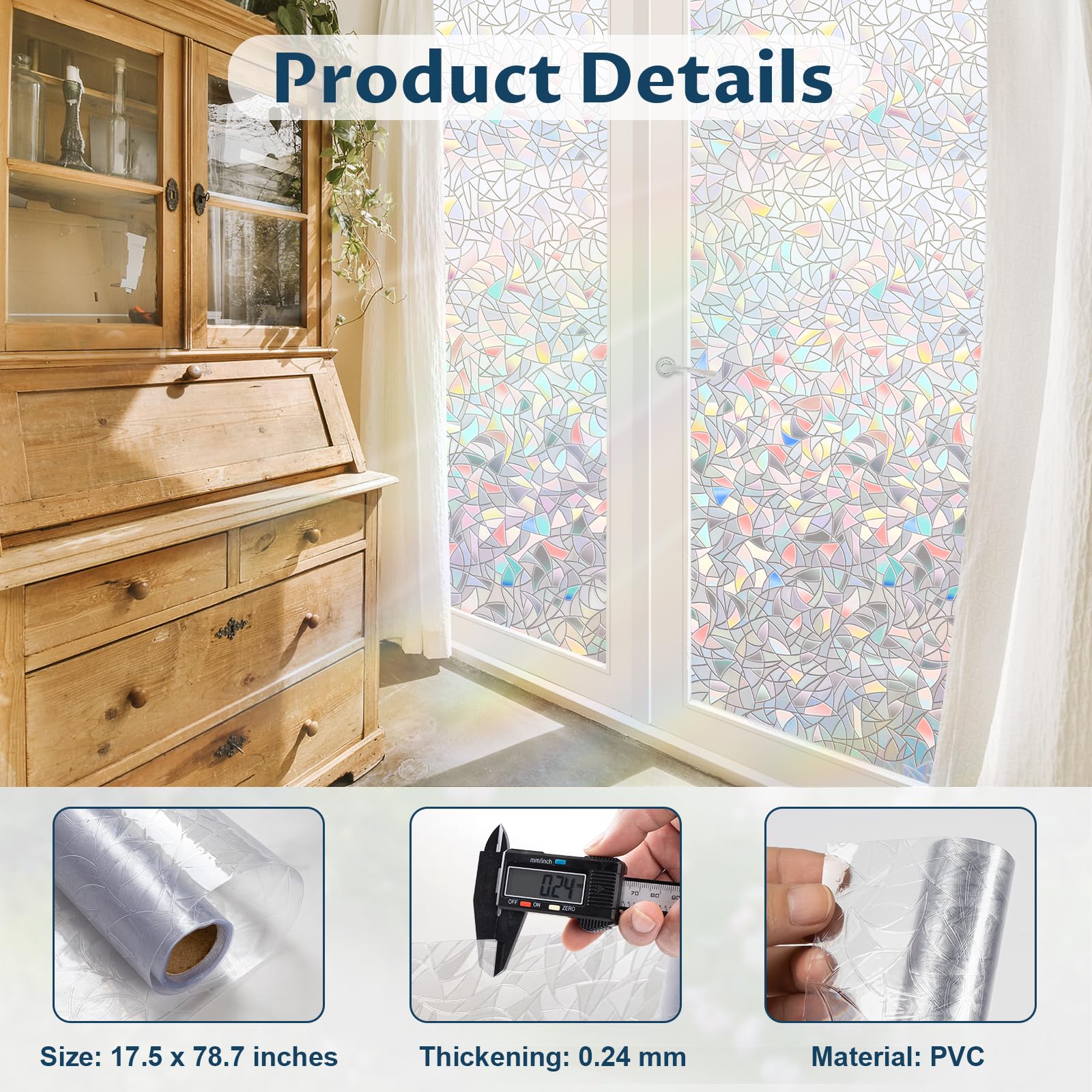 Amrules Rainbow Window Privacy Film Non-Adhesive Sun Blocking Reusable and Removable Glass Film Door Coverings for Bathroom, Home, Office, 17.5 x 78.7 Inch