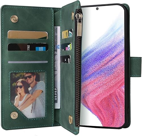 Miniatura 4 de ZZXX Funda para Samsung Galaxy A53 5G con ranura para tarjeta de bloqueo RFID, piel sintética suave de alta calidad, con cremallera, con correa para