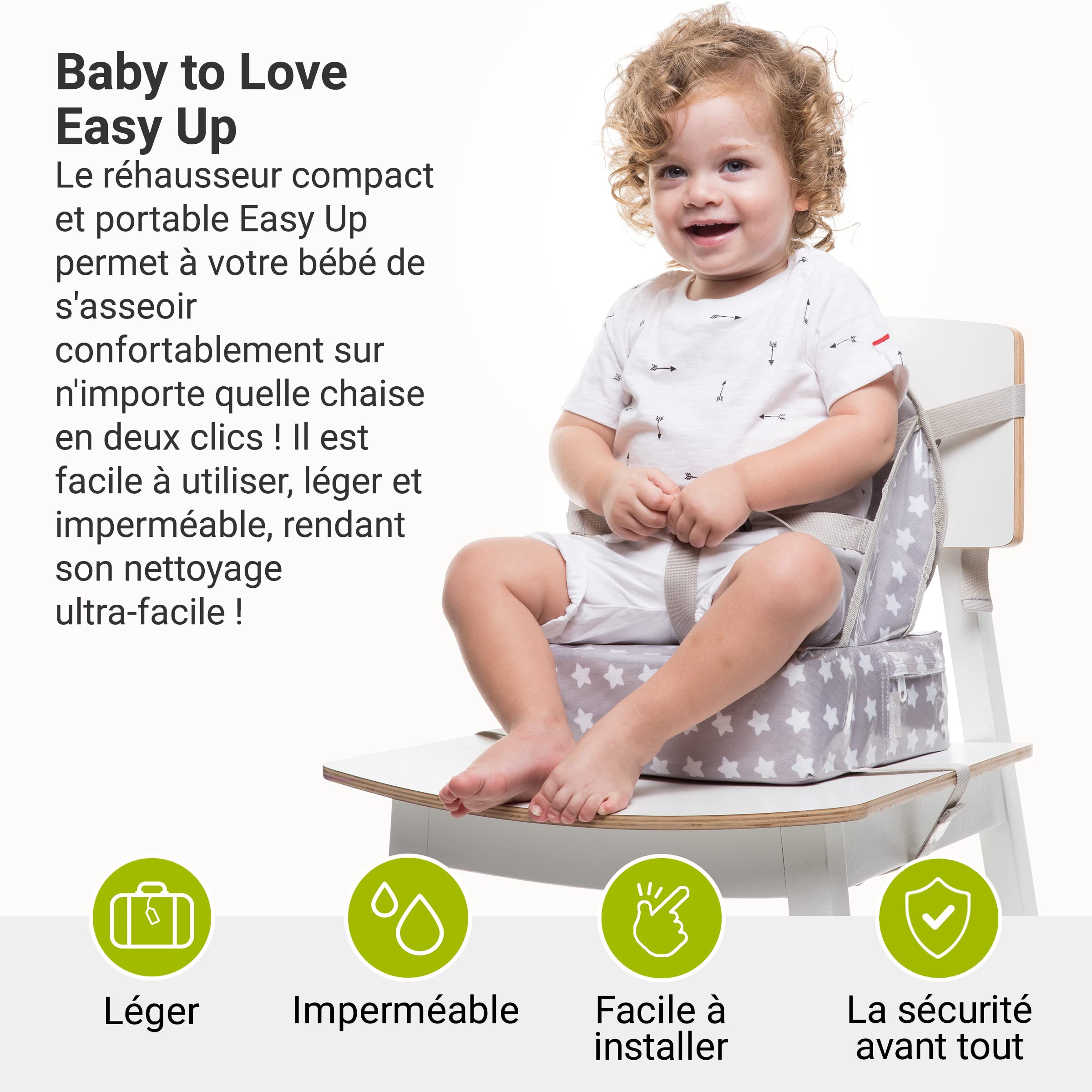 BabyToLove | Rehausseur chaise bébé compact et pliable avec coussin imperméable, harnais 3 points et poignée de transport | White Stars