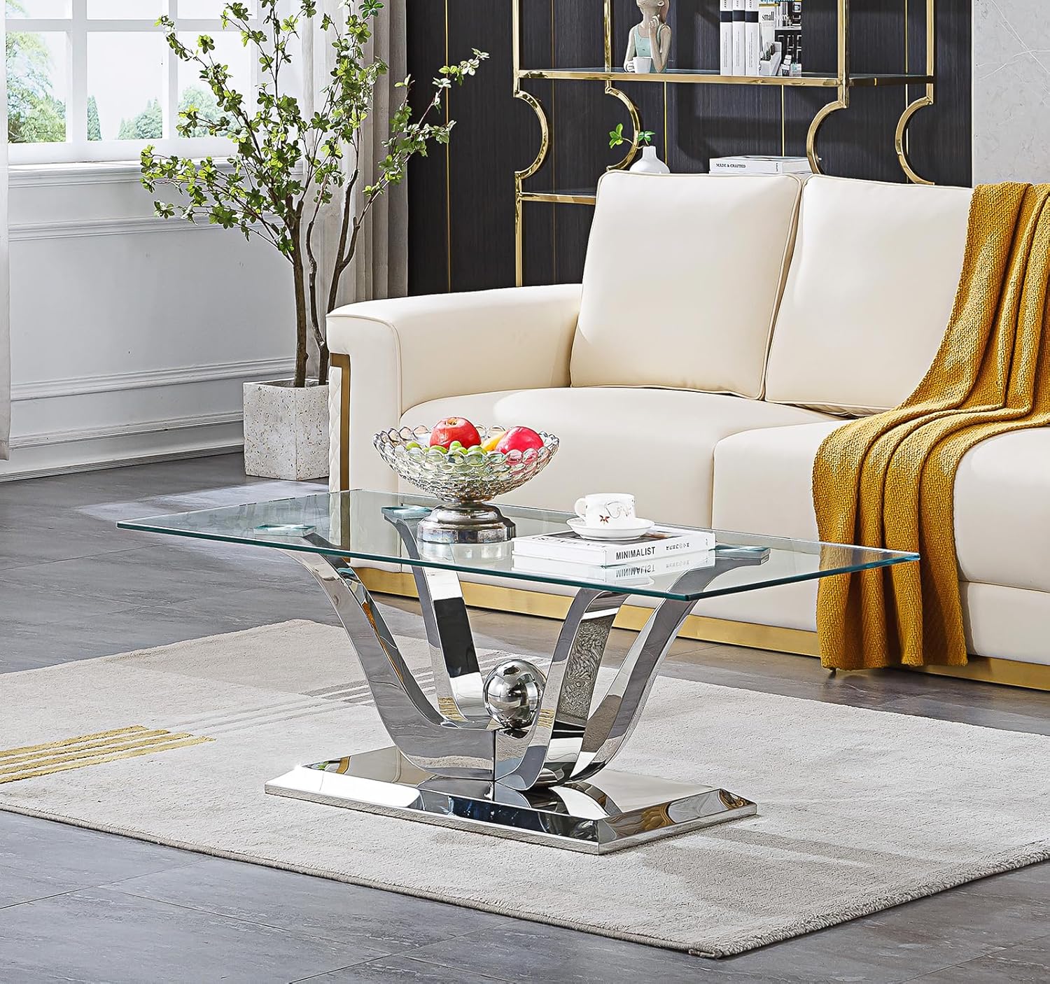 Luxury Silver Glass Coffee Table,47-inch Modern Coffee Table for Living Room,Rectangle Glass Center Table w/Stainless Steel Flower-Shape Base,Tempered Glass Accent Table for Bedroom Home Office