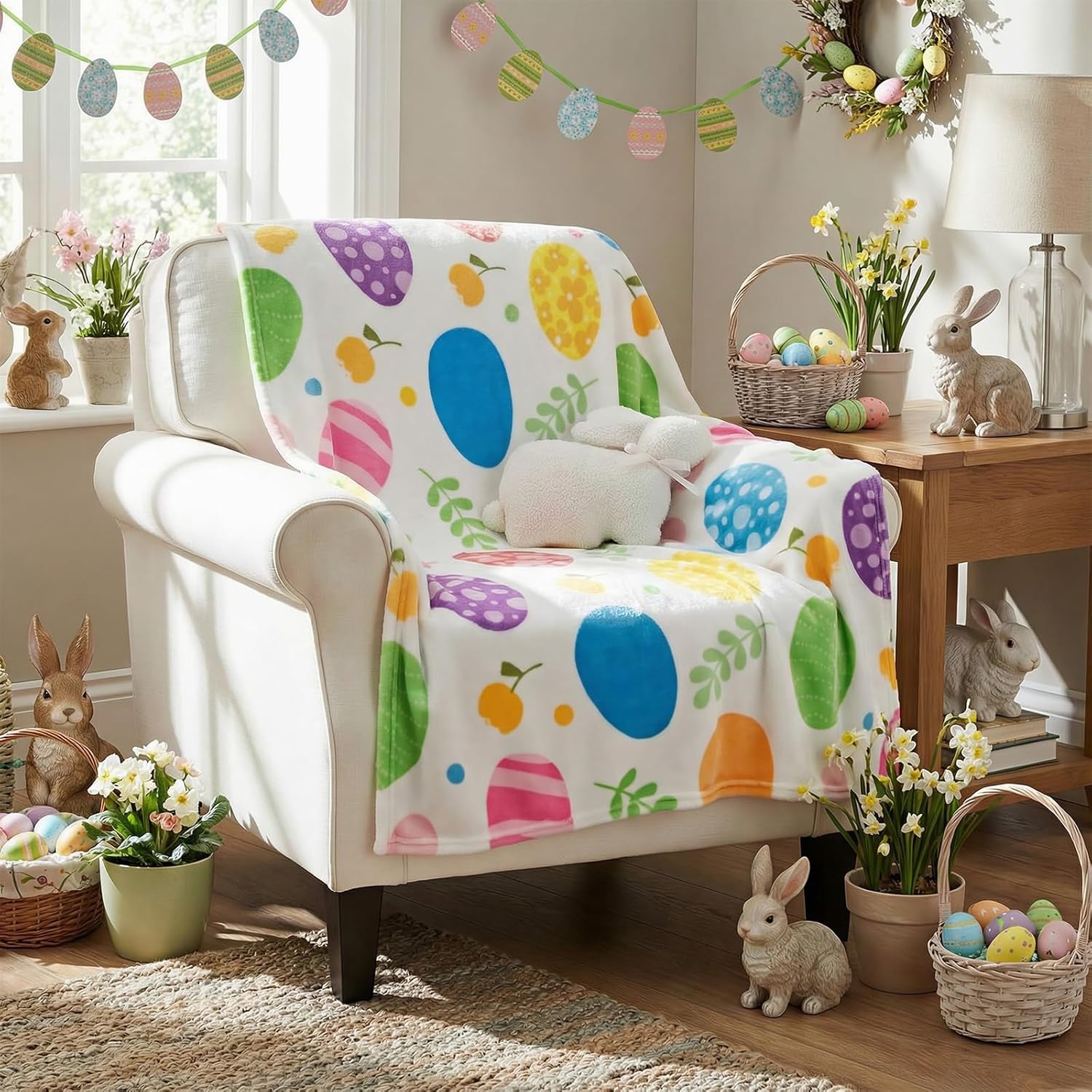 SmoothNovelty 2 Pcs Easter Plush Throw Blanket and Pillow Set, 40 x 50 Inch Soft Easter Eggs Flannel Blanket Fluffy Bunny Stuffed Pillow Cushion Gifts for Boys Girls Teens Bedroom Decor