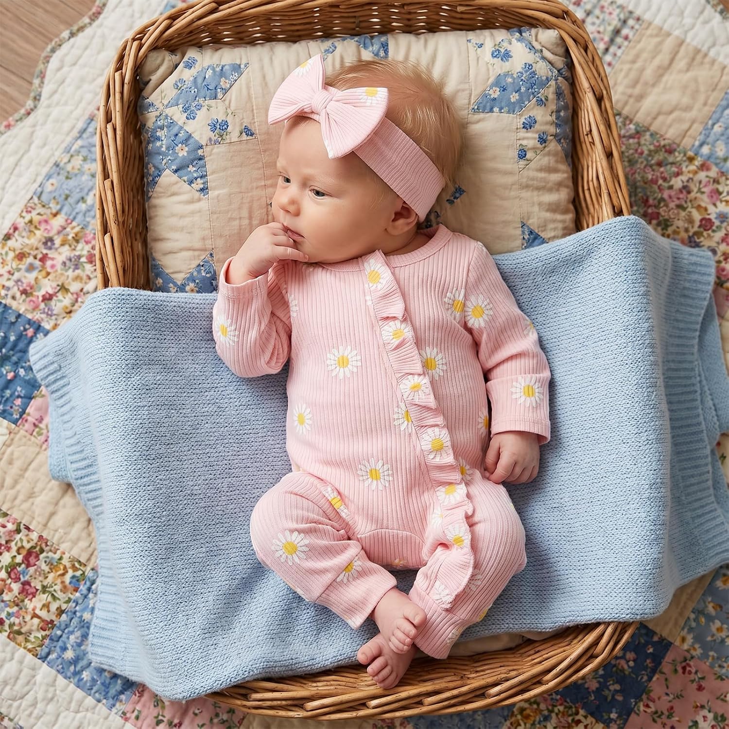 Newborn Baby Girl Fall Clothes Waffle Daisy Winter Jumpsuit Romper image 2