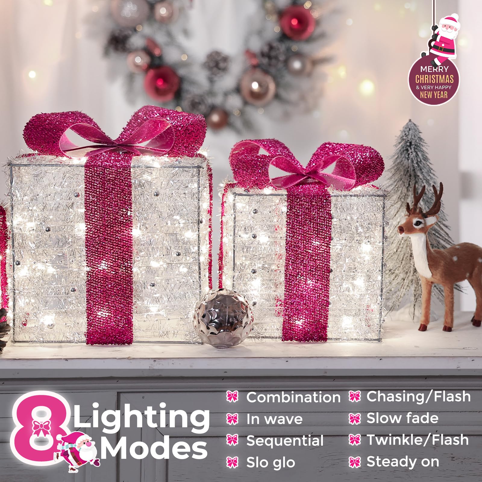 Quntis Light up Present Boxes Christmas 140 LEDs, Set of 3 Christmas Lighted Gift Boxes with 8 Modes and Timer - Image 3