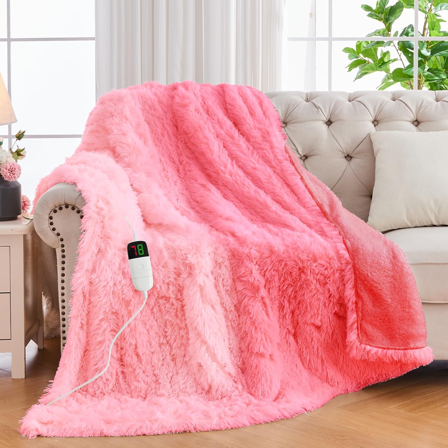 Heated Electric Blanket Faux Fur Throw Size with Fluffy Sherpa Back, Warm Gift Plush Blanket Soft Heating Blankets with 10 Heat Settings, 5 Time Settings, ETL 50″x60″,Peach Pink