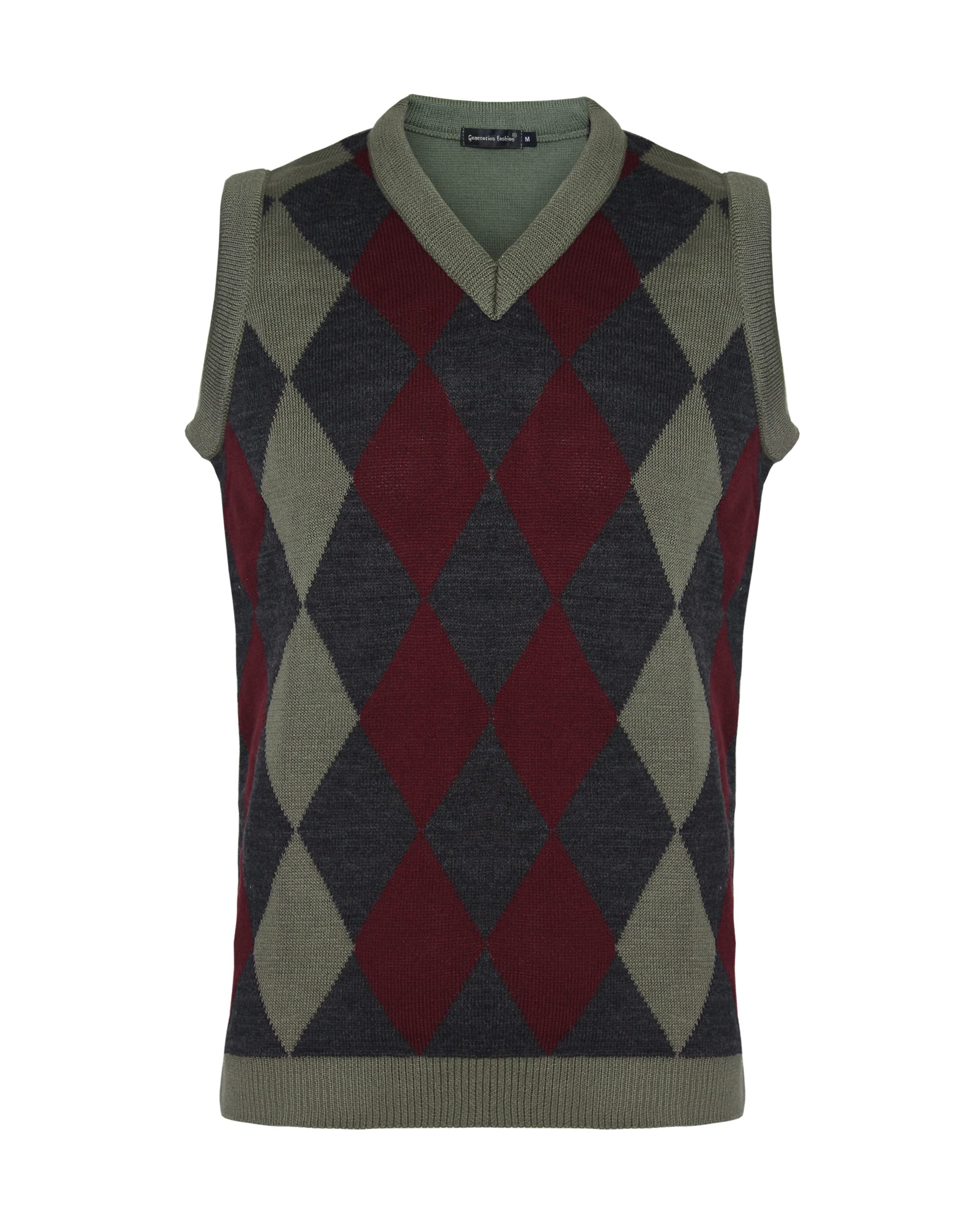 New Men Sleeveless Knitted V-Neck Argyle Pattern Jumper Top Sweater Vest with Ribbed Edge [Khaki-Wine,M]