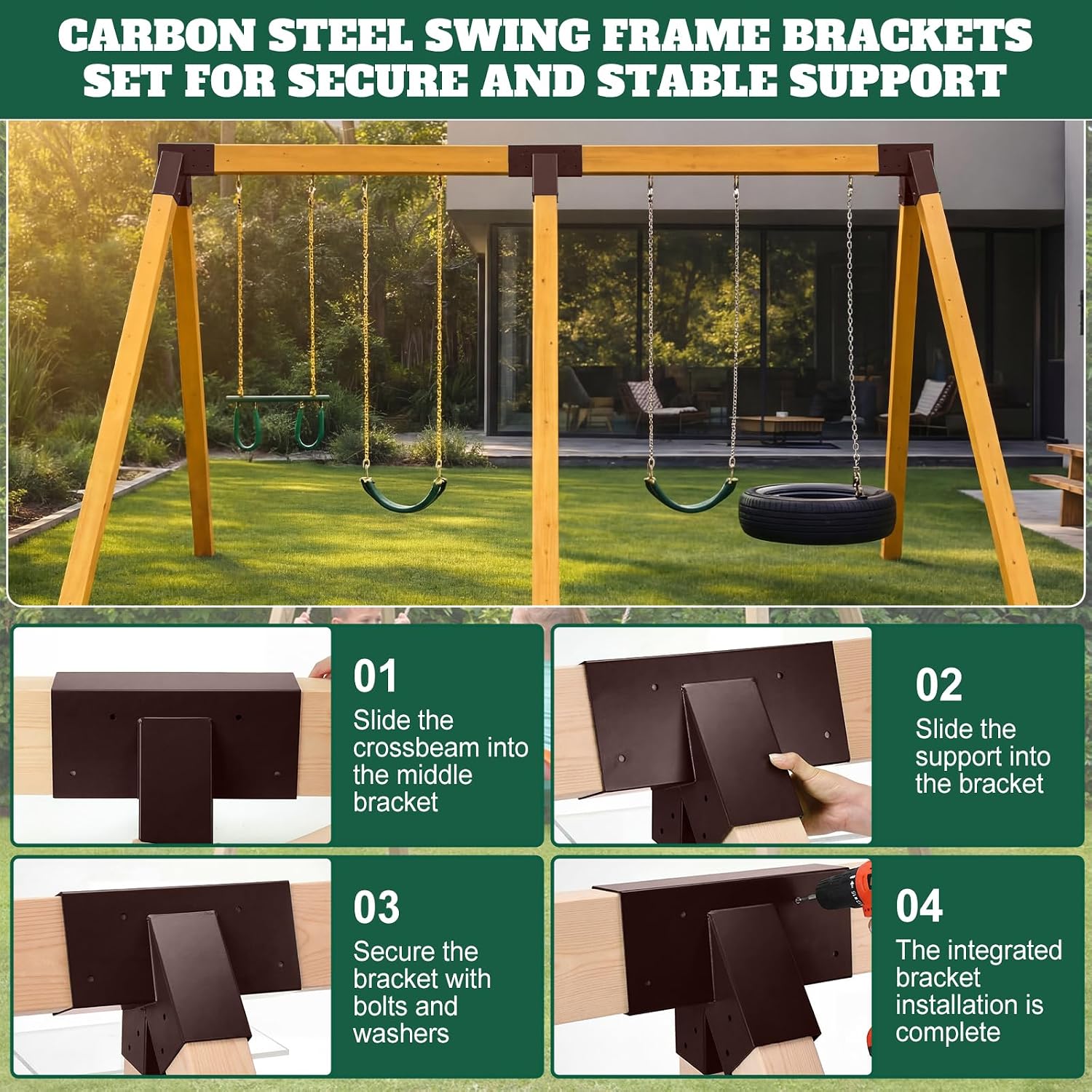 Duraaamo 3 Pcs Swing Set Brackets A Frame Hardware Kit for Outdoor,Brown image 5