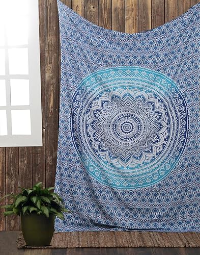 Miniatura 4 de Tapiz de mandala para decoración de dormitorio y sala de estar tapices de algodón bohemios para colgar en la pared azul degradado 84 x 54 pulgadas