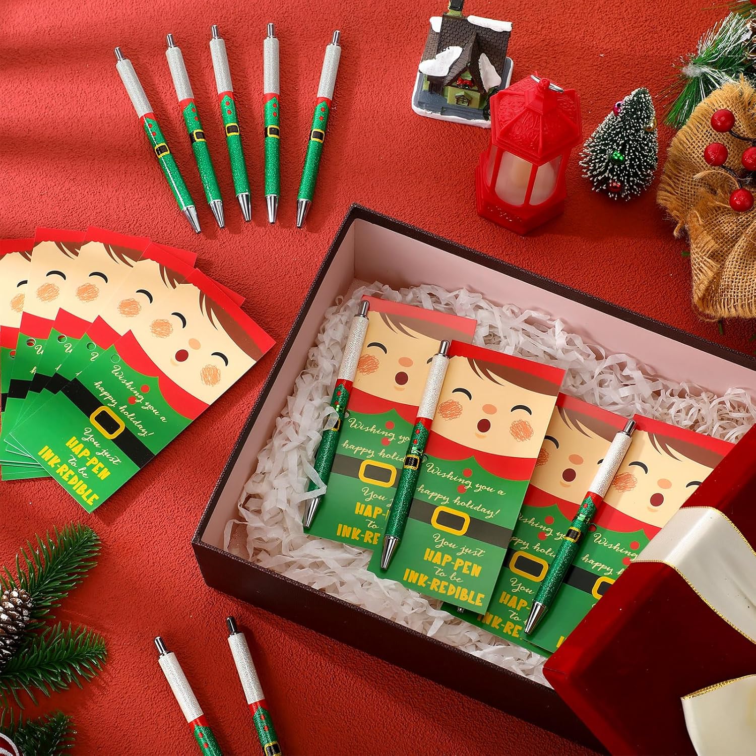 Sayglossy 50 Sets Bulk Glitter Christmas Pens Gifts Coworker Employee Appreciation Santa Claus Snowman Elf Pens with Inspirational Cards Xmas Stocking Stuffer for Office Staff Team Teacher (Elf Pen)
