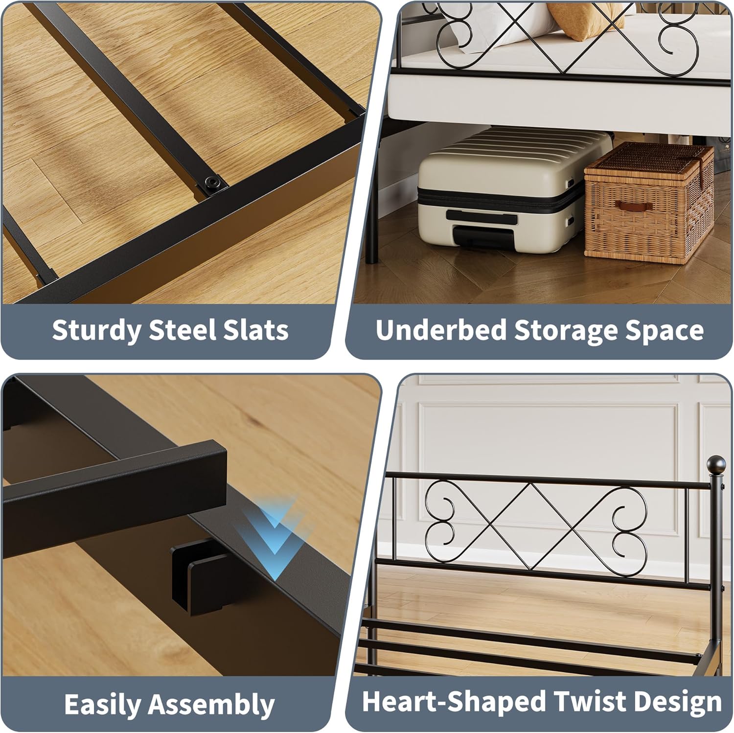 Daybed without Trundle, Trundle Bed Twin with Heart-Shaped Headboard, Sturdy Metal Sofa Bed, Heavy-Duty Metal Bed Frame Support, for Living Rooms, Bedrooms, and Guest Rooms, Easy Assembly, Black