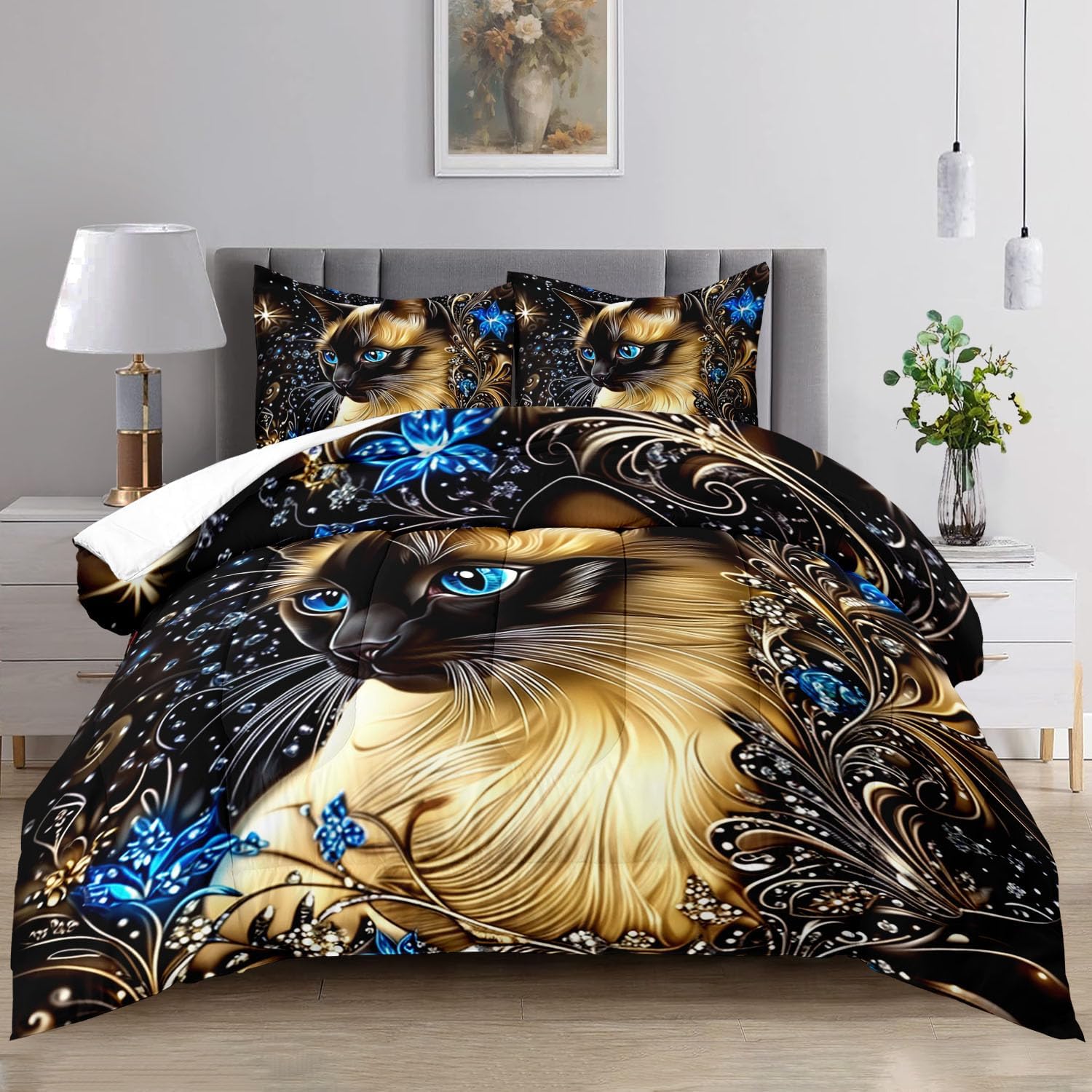 Raphus cucullatus cat Print Comforter Set,cat Bedding Kawaii Comforter Set Queen,Animal Print Queen Size Blue Bedding,Cute Quilt Animal Print Home Decor