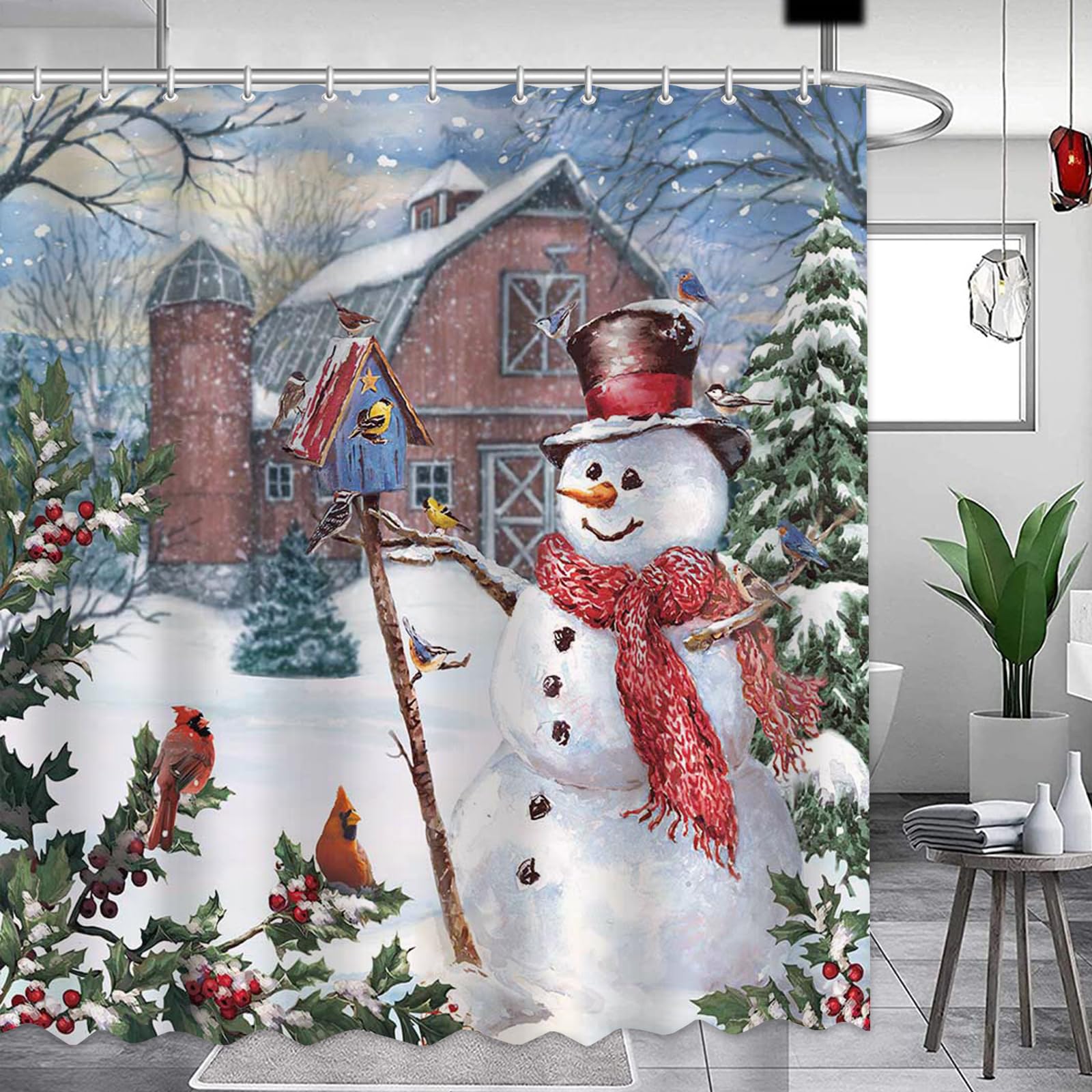 Christmas Snowman Shower Curtains for Bathroom Decor Cardinal Xmas Farmhouse Holiday Winter Waterproof Fabric Shower Curtain Set with 12 Hooks 72x72 Inch,White Red Blue