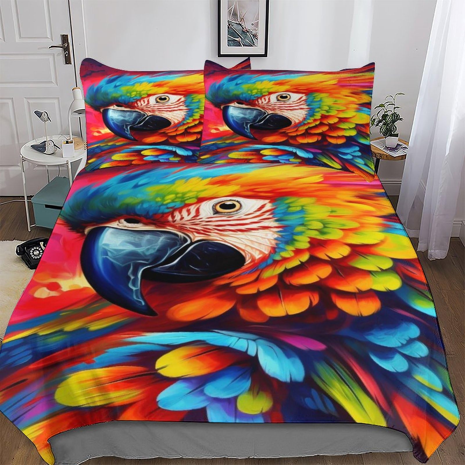 Housse de couette perroquet 200x200 avec 2 taies d'oreiller microfibre