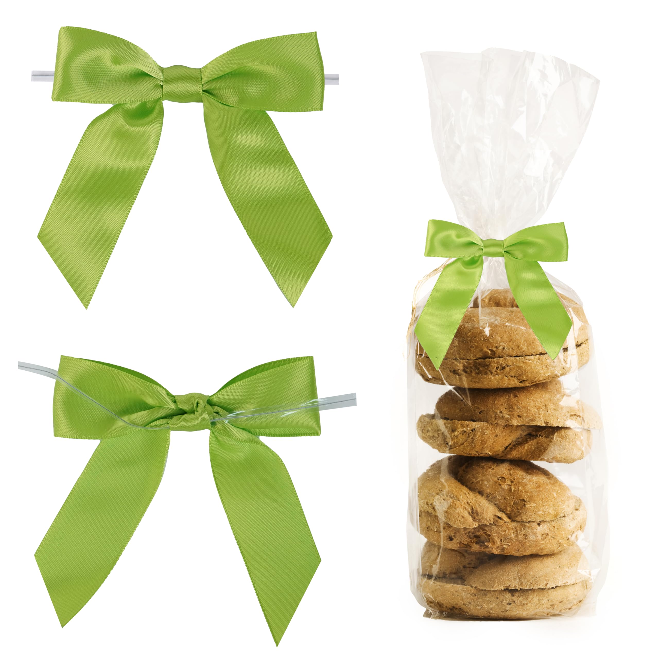 LIZLOVESS Pre-Tied Lime Green Bows for Halloween 3.5 Inch Premade Apple Green Twist Tie Bows for Gift Wrapping Christmas Bows for Crafts, Party Favors