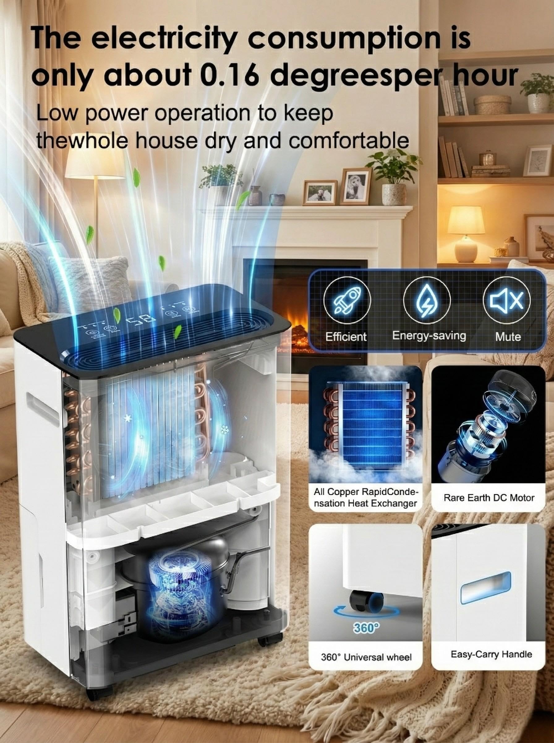 Deumidificatore Casa 12000ML/24H, Deumidificatore Elettrico Compatto con Serbatoio 3L, Controllo Intelligente Umidità 30-80%, per Casa, Ufficio, Cantina 50㎡/150m³