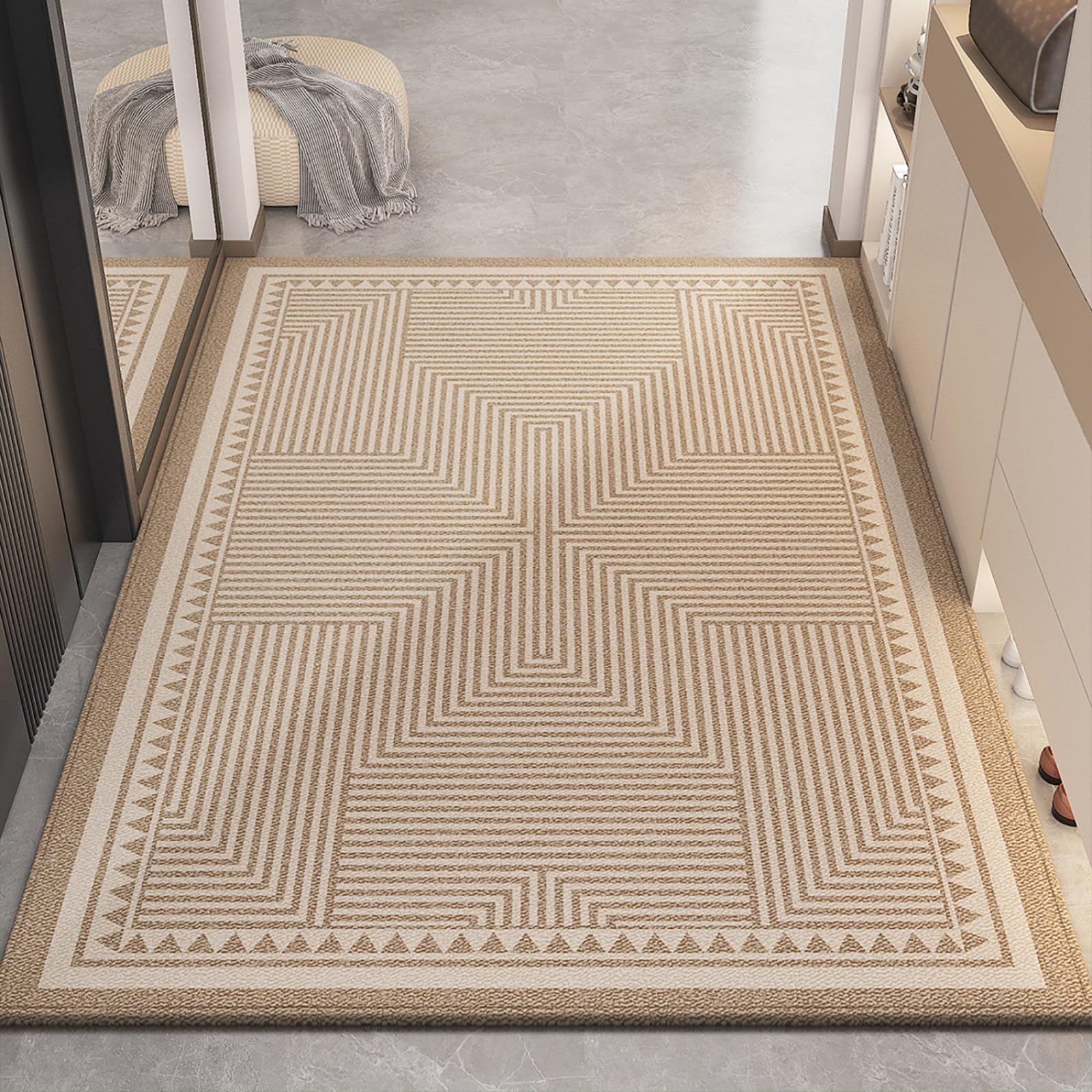Felpudo Entrada Casa 90x150 Patrón De Línea Beige Marrón Claro Felpudo Exterior Antideslizante Lavable Felpudos para Pasillo Cocina Puerta Jardín Decoración Alfombrilla para Entrada