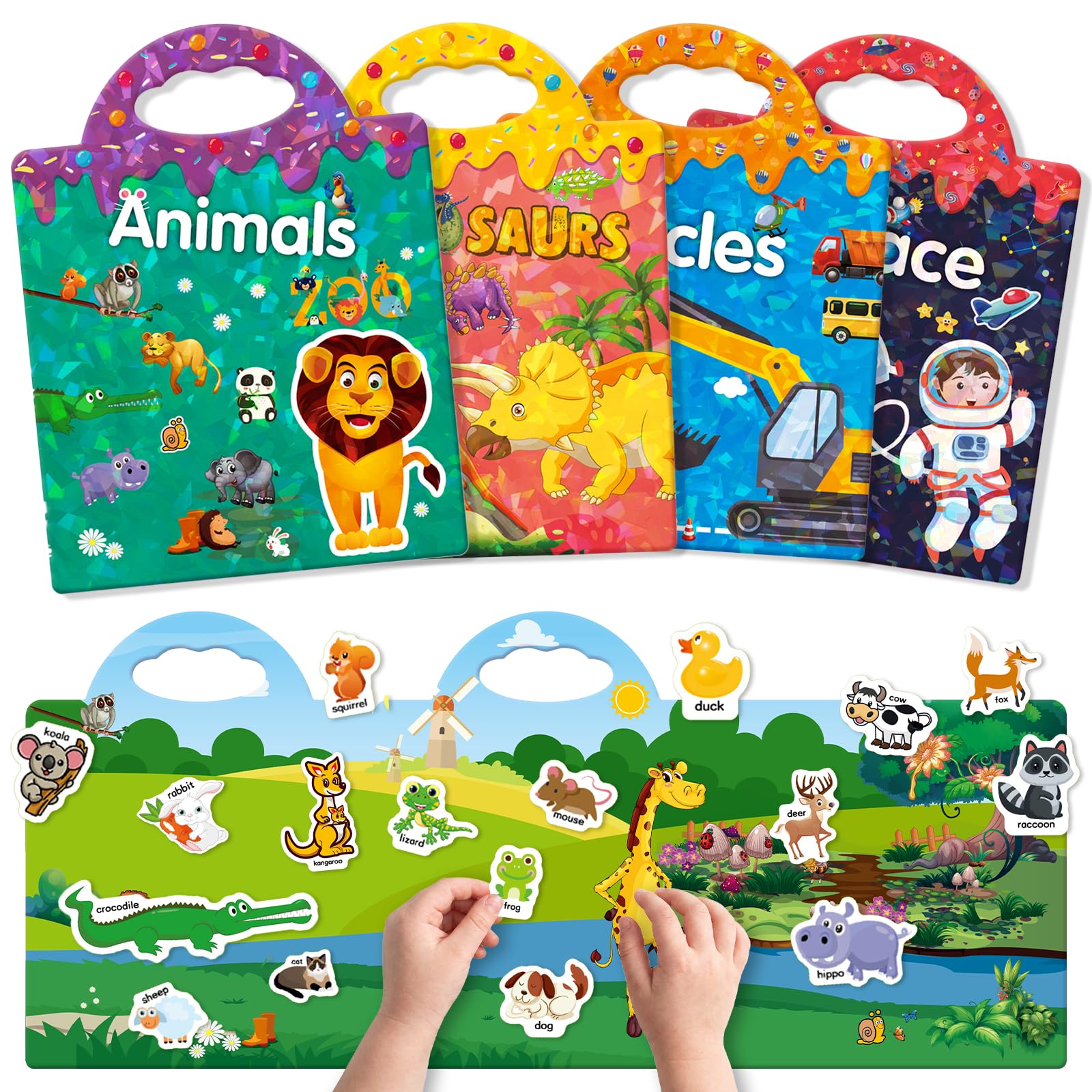 GUYUCOM Confezione da 4 libri adesivi riutilizzabili, giocattoli per bambini dai 2 ai 3 ai 4 anni per bambini, ragazzi e ragazze, giocattoli educativi, regali di compleanno