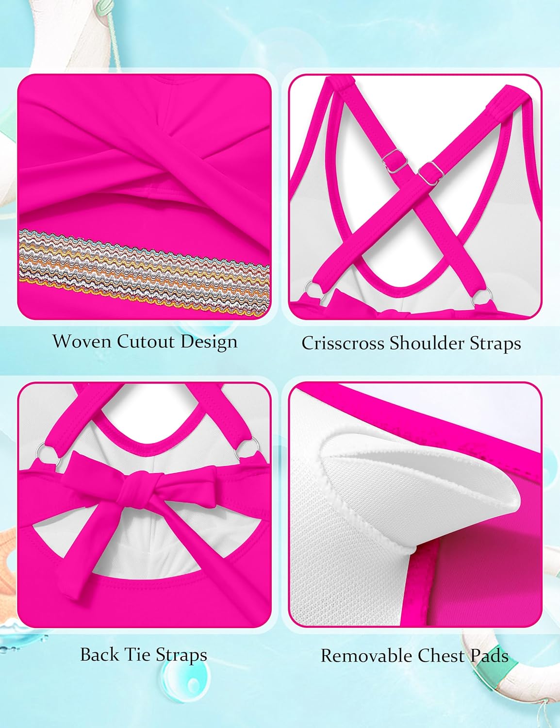 Girls Swimsuit Criss Cross Cutout One Piece Bathing Suit Color Block V Neck Back Tie Swimwear 9-16Y - Image 6