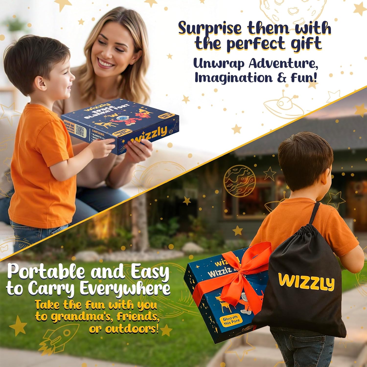 Space Original Blanket Fort Building Kit for Kids, 4 Blanket Wizzly Toy, Make a Portable Playhouse, Play Tent Boy and Girl Indoor Outdoor Build Set, STEM Children Toy, Ages 4, 8, 12 +