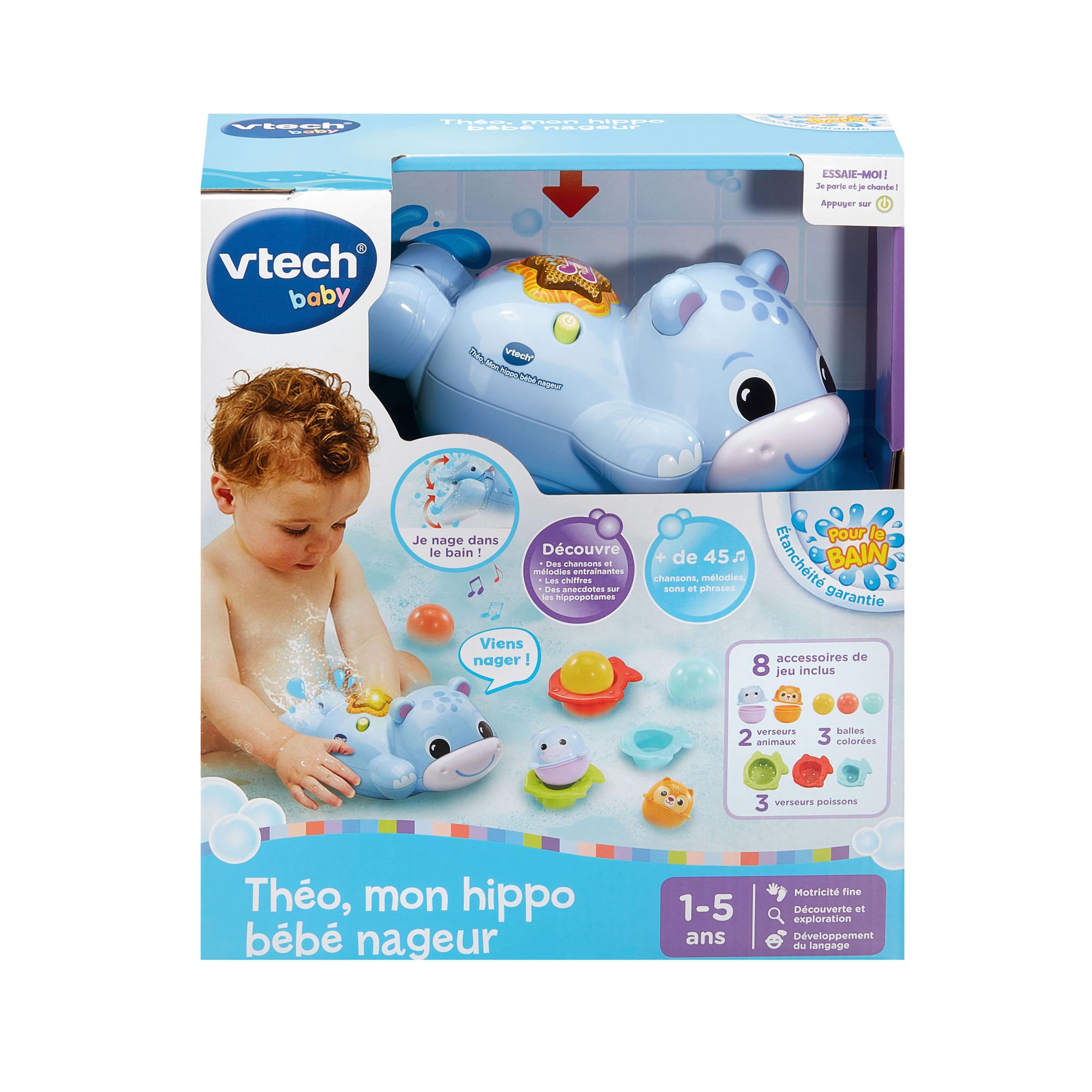 VTech – Theo, Mon Hippo Baby Nadador, Juguete de baño para bebés, hipopótamo Que Nata, Animal Interactivo y Musical con 8 Accesorios de Juego, Regalo para niños y niñas a Partir de 1 año – Contenido