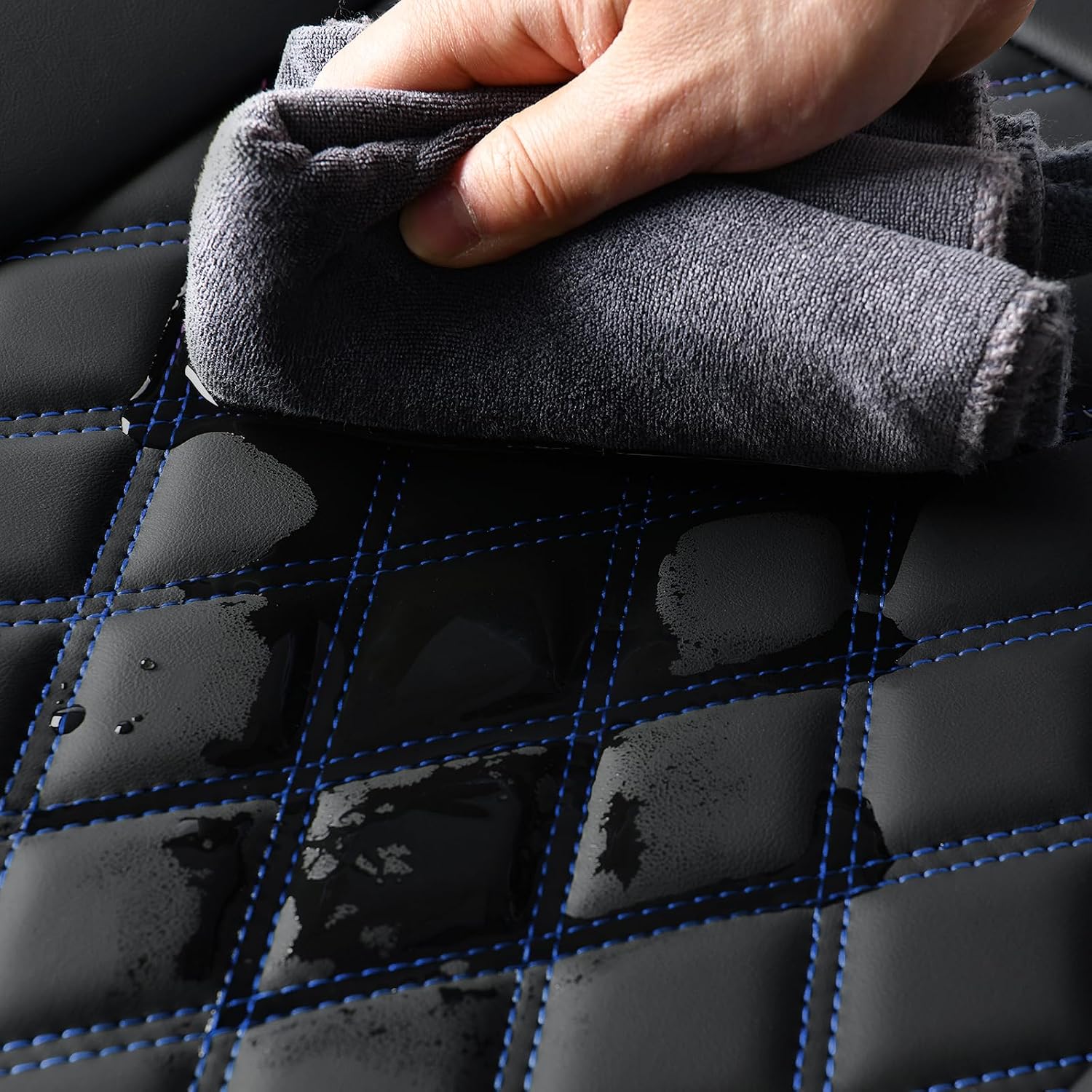 Huidasource Car Back Seat Cover, Leather Anti Slip Automotive Rear Seat Cover Protector, Back Seat Car Cover Velcro Adjustable Universal Fit for Most Cars Sedan SUV Pickup Truck (Back Row/Black&Blue)