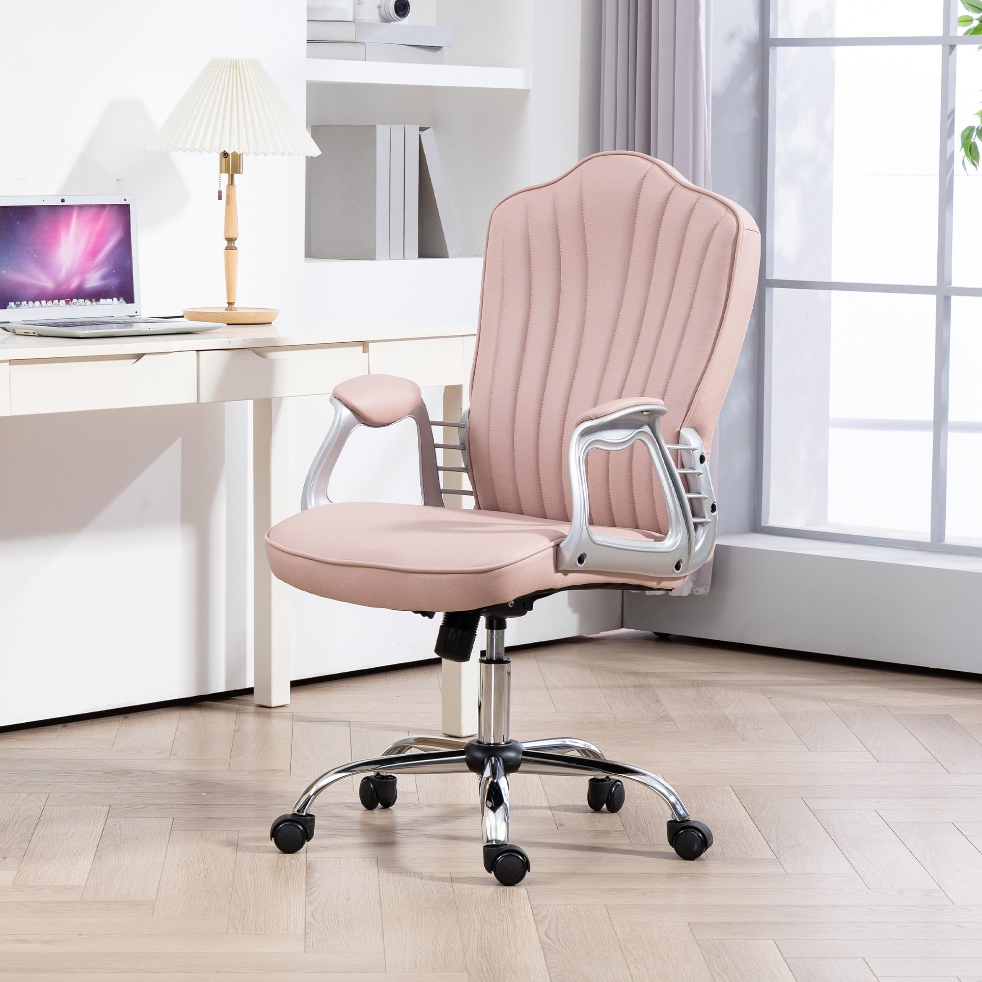 HOMCOM Silla de Oficina Silla de Escritorio Giratoria Reposabrazos Rosa | Altura Ajustable, Respaldo Curvado, Función de Basculante