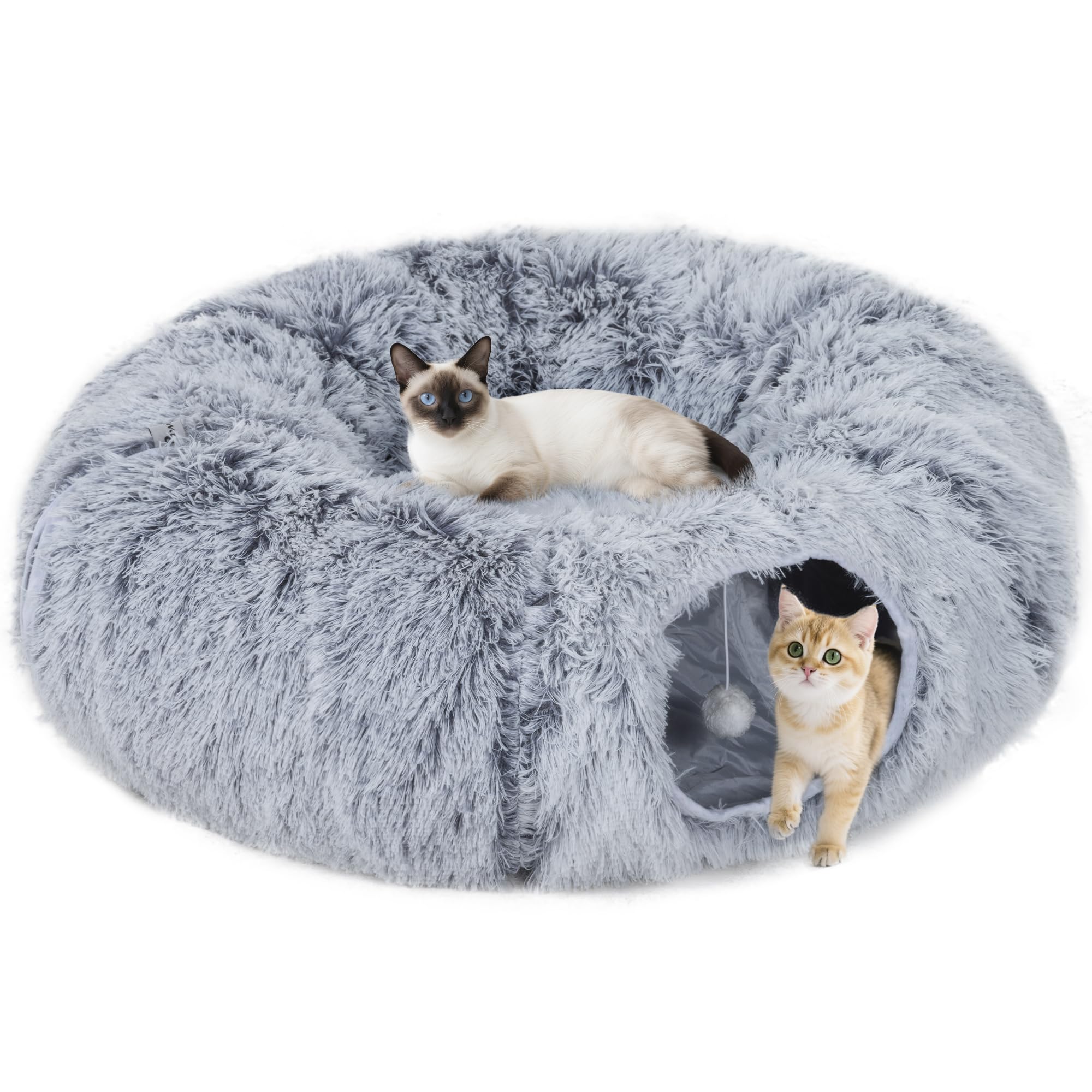 PawHut Cat Tunnel for Indoor Cats, 90cm Large Donut Play Tunnel Bed with Washable Cushion, Toy Ball and Door Hole, Pet Play Rabbit Tube Toy, Light Grey