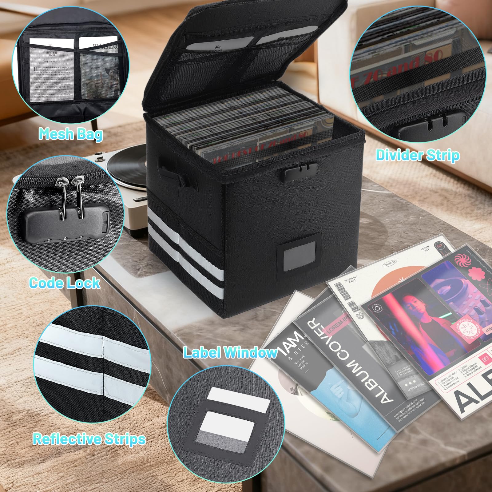 Almacenamiento de discos de vinilo con 100 fundas para discos, caja organizadora de discos ignífuga y resistente al agua con cerradura, fundas transparentes de vinilo sin arrugas, kits de protección