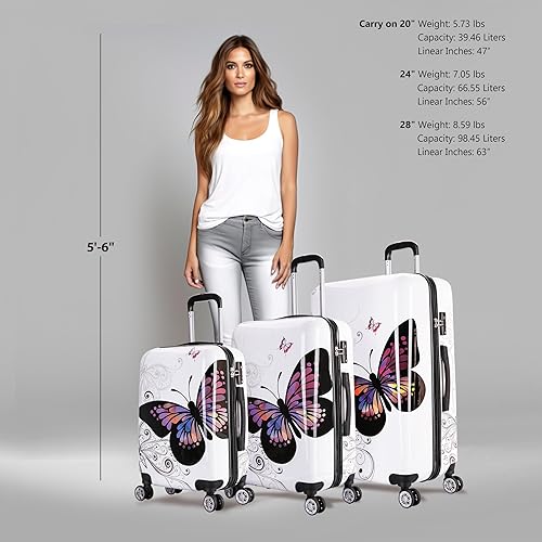 Miniatura 2 de InUSA Imprime equipaje giratorio rígido con asas ergonómicas, maleta de viaje con cuatro ruedas giratorias y tachuelas, Mariposa, Juego de equipaje