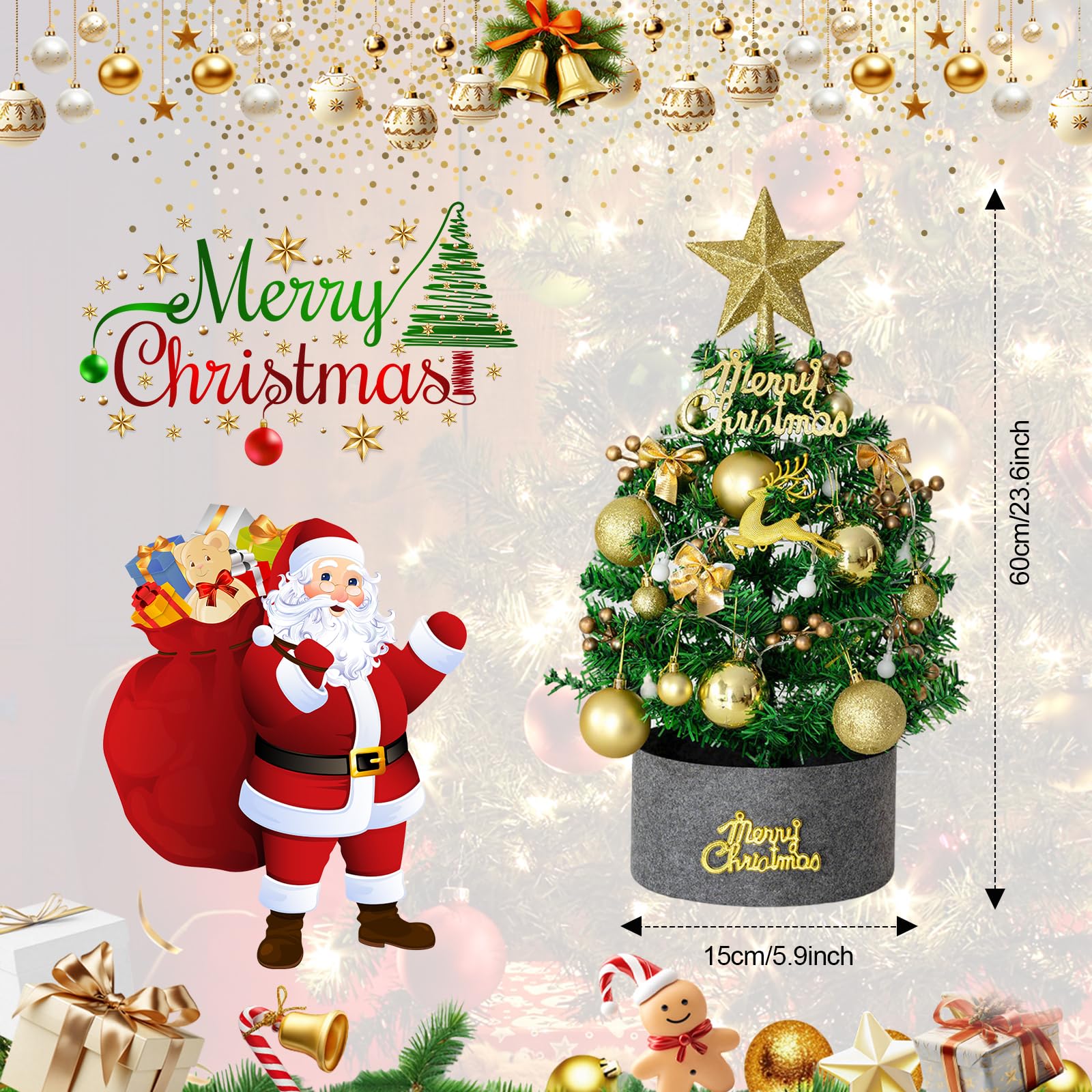 Mini Albero di Natale 60 cm Artificiale Pre-illuminato con Luci LED,Stelle, Palline e Decorazioni Natalizie,Albero da Tavolo Decorativo per Casa,Ufficio,Negozio e Vetrina Festiva