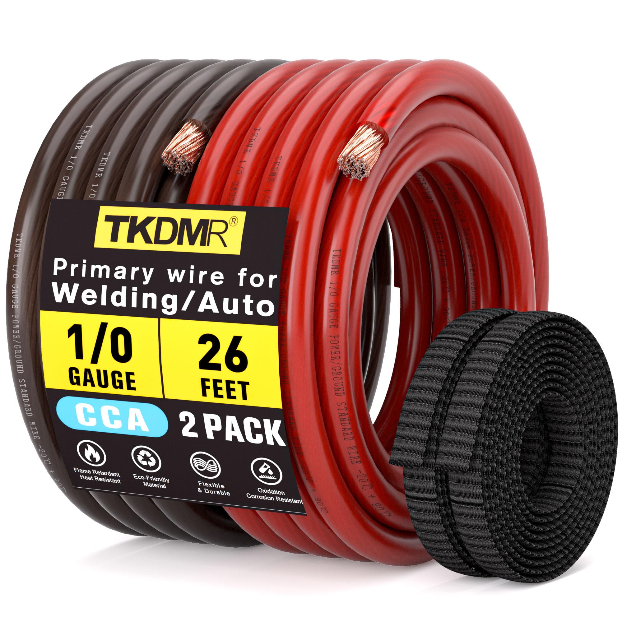 CCA-Batteriekabel, 0 Gauge, für Kfz-Stromerdung, Auto-Audio, Wohnmobil, Verstärker-Kabelset, je 7,9 m, schwarz/rot mit 1,5 m Kabelhülsen (7,8 m schwarz + 7,8 m rot + 1,5 m Kabelhülsen, 1/0 Gauge Draht