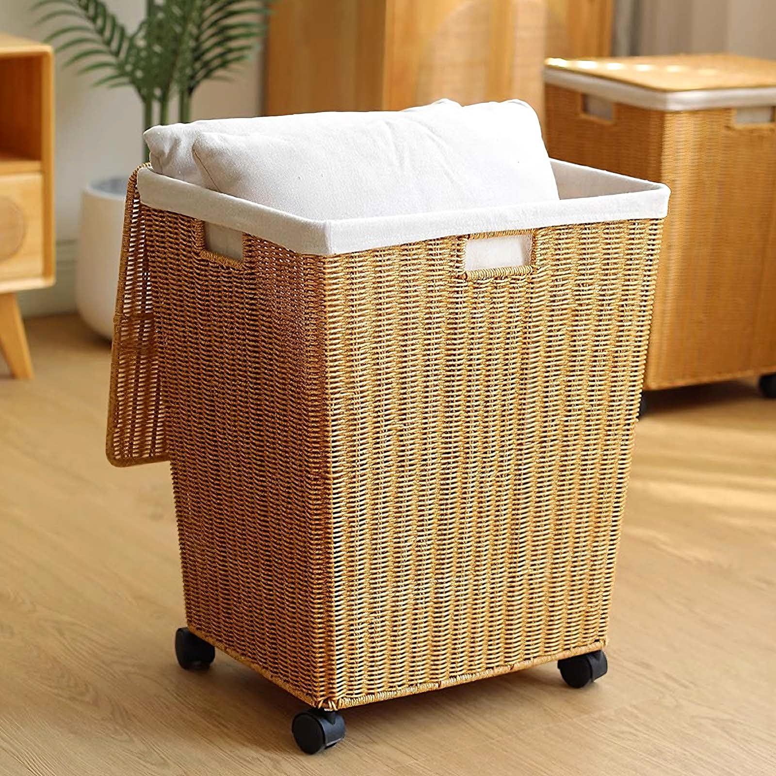 Cesto portabiancheria con ruote e coperchio, cestino intrecciato in finto rattan per soggiorno, bagno, camera da letto e balcone, facile da spostare e organizzare