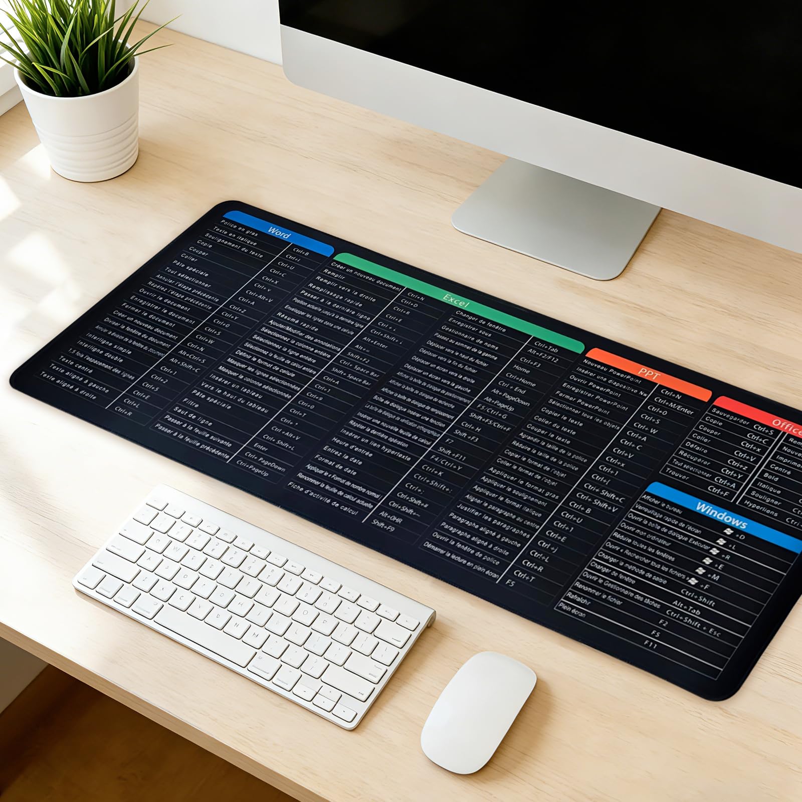 Tapis de Souris Raccourcis Excel 800x300 mm, Tapis de Bureau Étendu Formules et Raccourcis Clavier