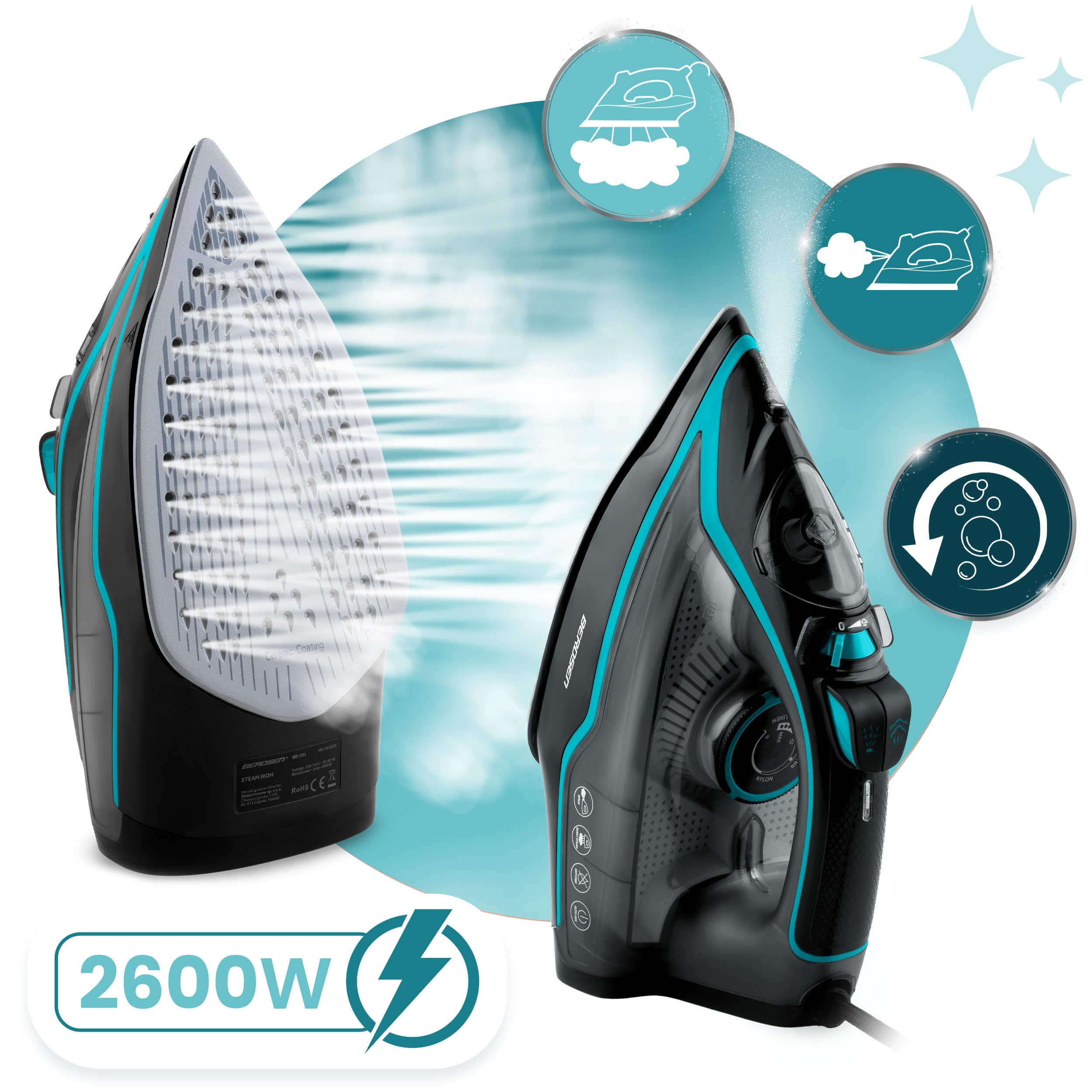 Berdsen Ferro da stiro a vapore, 2600 W, ferro da stiro 9 in 1, con suola in ceramica, serbatoio dell'acqua da 230 ml, colore verde