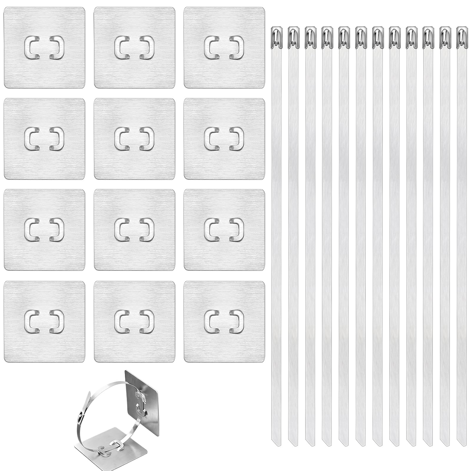 HUNGBAN 12 Pcs Furniture Anchors No Drill, Heavy Duty Stainless Steel Anti-Tip Kit with 12 Metal Straps, Multi-Purpose Adhesive Wall Anchor for Cabinets, Mirrors, Home Organization & Safety