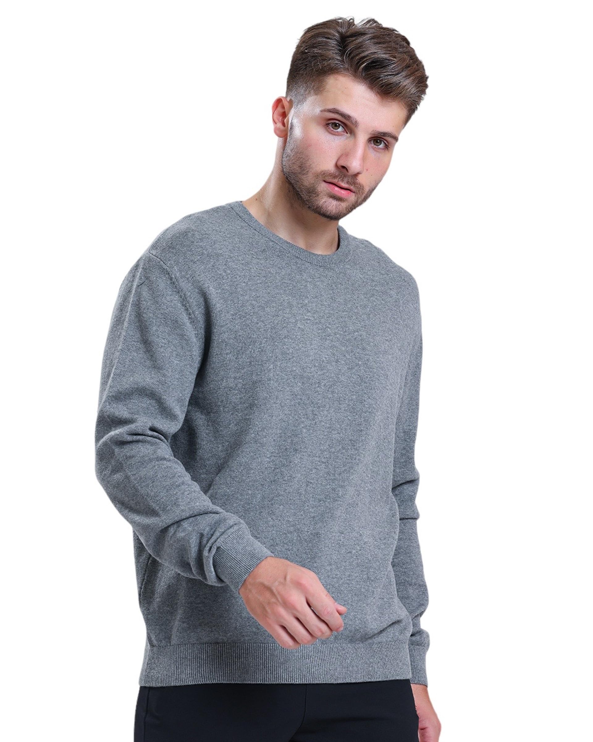 alsestudio Men`s Crewneck Jumper 100% Cotton Premium Quality Soft Touch Long Sleeve Pullover Essential Style Knitted Sweaters for Men (Grey Melange, S)