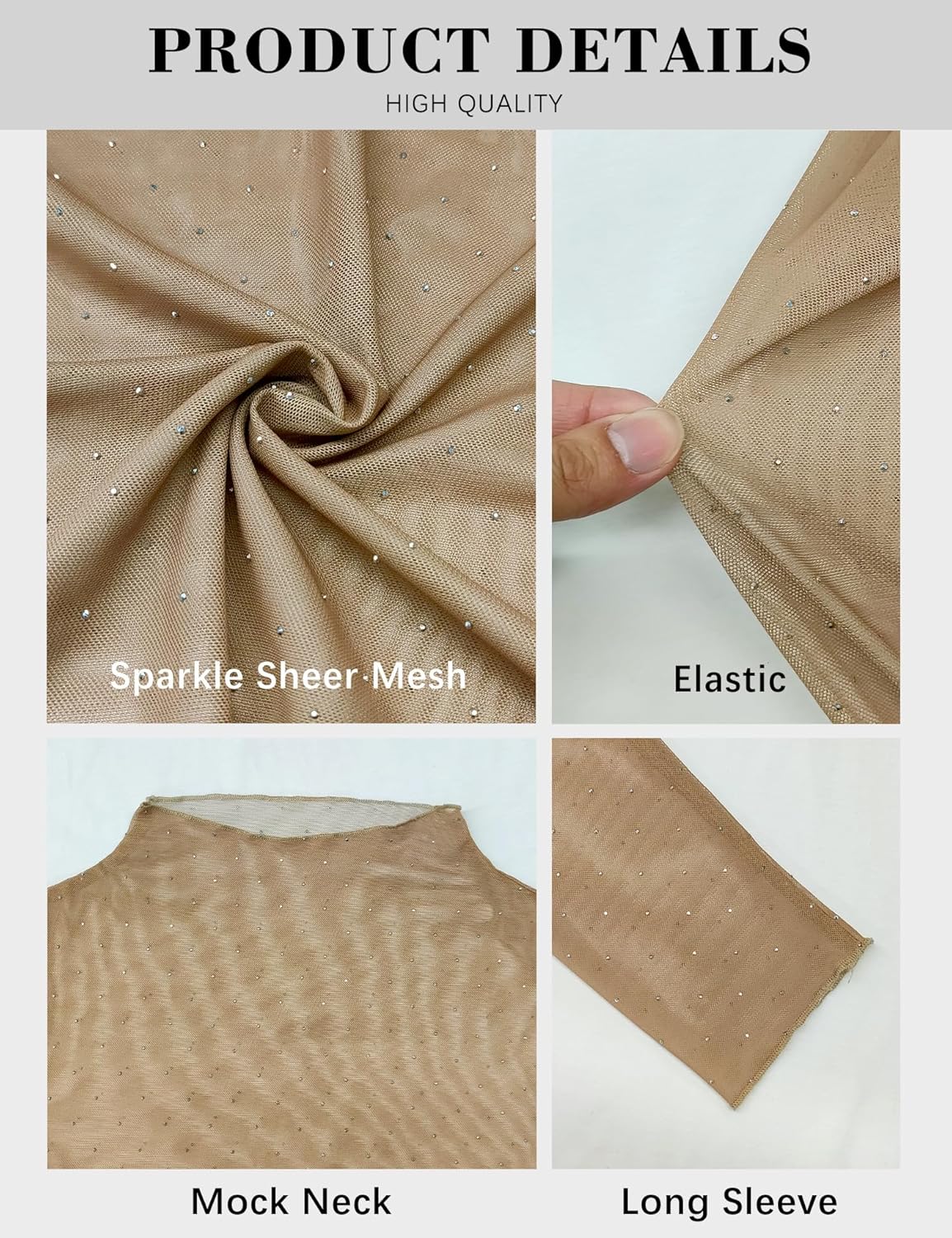 BBX Lephsnt Womens Sheer Mesh Layering Top Sparkle Long Sleeve Shirts Mock Neck See Through Tee Shirt - Image 5