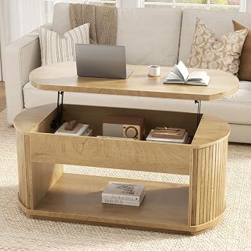 FABATO Oval Lift Top Coffee Table with Storage, Mid Century Modern Coffee Table for Living Room, 2 Tier Center Table with Lift-Top, 41.7" Fluted Wood Table for Reception Room, Home Office, Wood