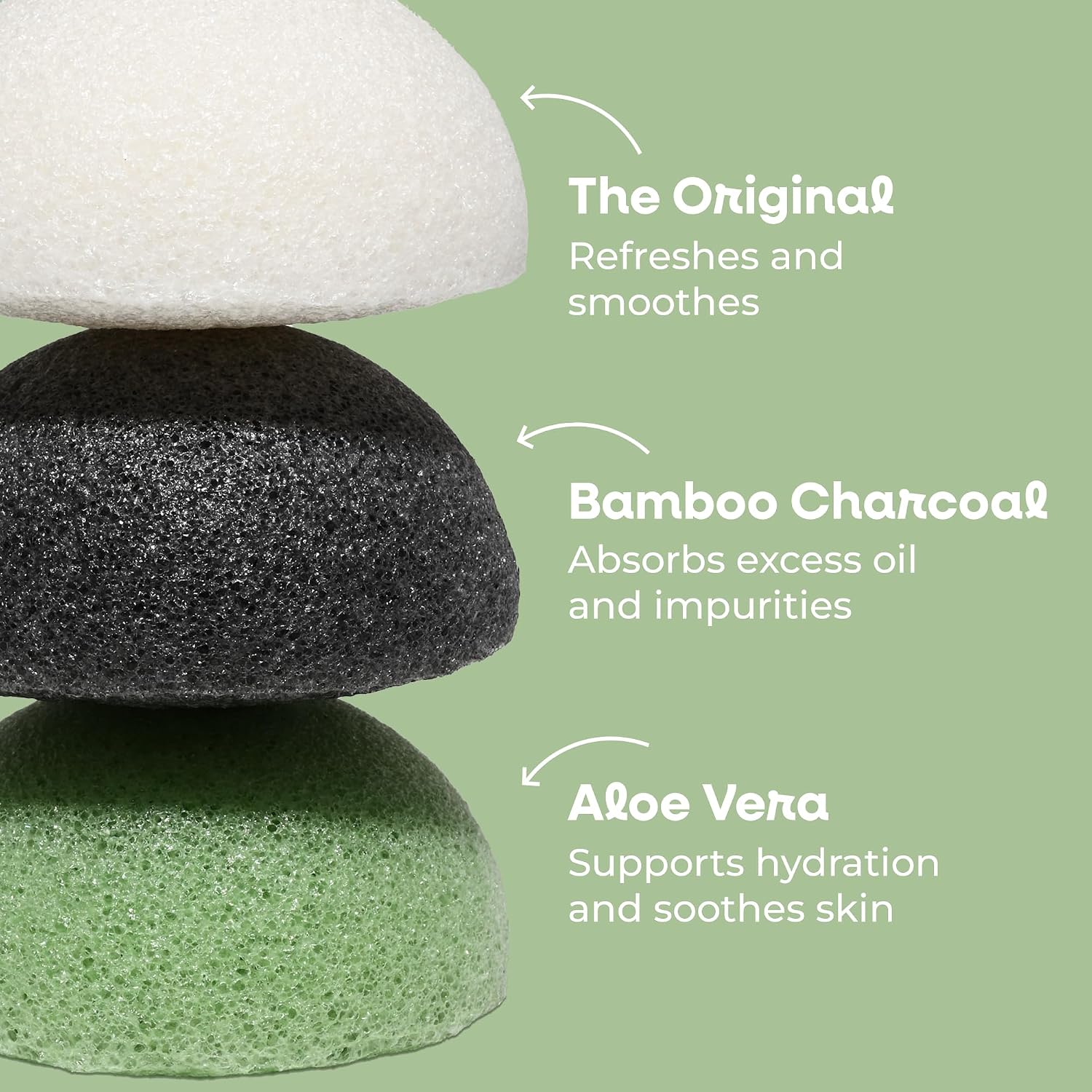 Large Konjac Face Sponge Set, Natural Facial Sponges - for Daily Face Cleansing and Gentle Exfoliation - with Konjac Roots, Bamboo Charcoal and Aloe Vera, 3pcs.