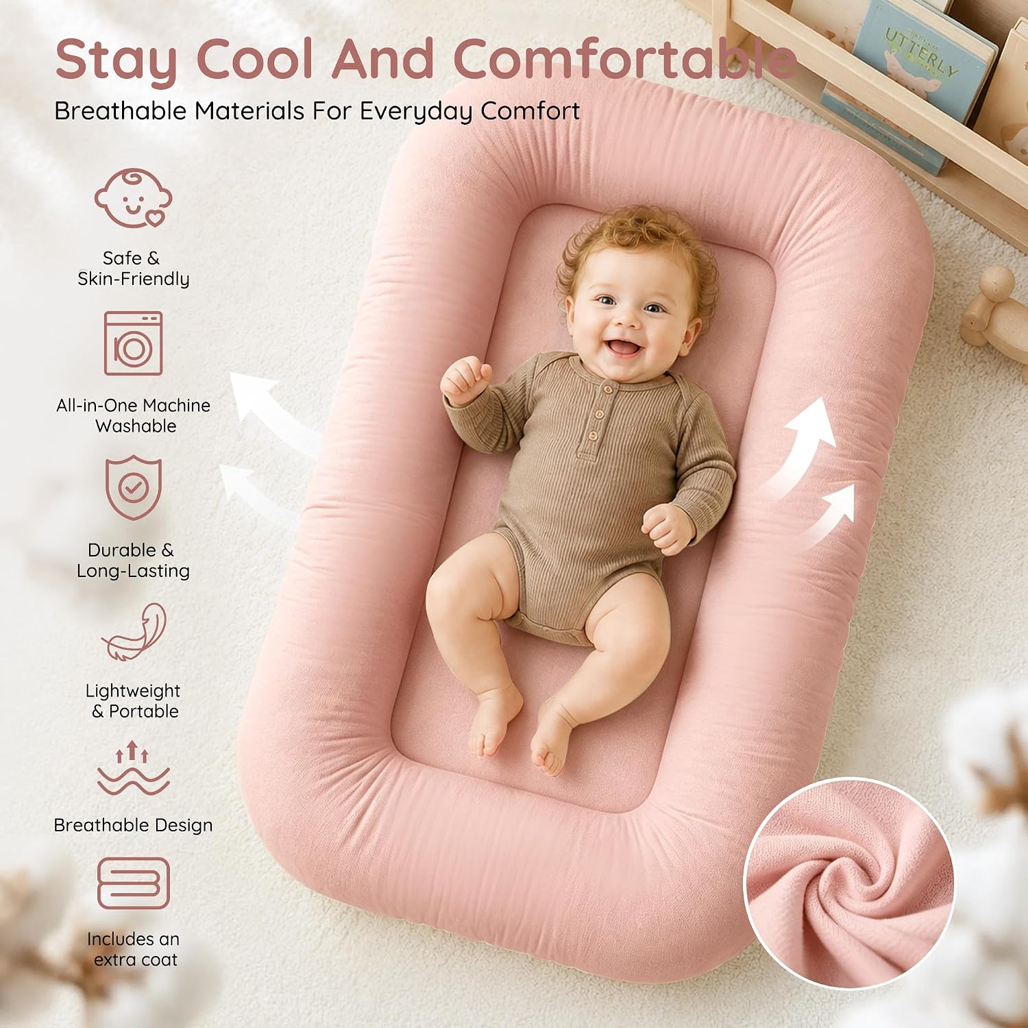 Infant Support Cushion & Baby Support Cushion for Newborn 0-24 Months, Breathable Cotton Pad, Supervised Use, Portable Infant Essentials for Travel and Home, Pink (Cover Included image 3