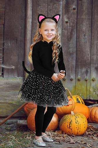 Miniatura 4 de AOTHSO Conjunto de 6 piezas de disfraz de gato negro para niñas de Halloween, pantalones de manga larga, diadema, cola de lazo, falda tutú,
